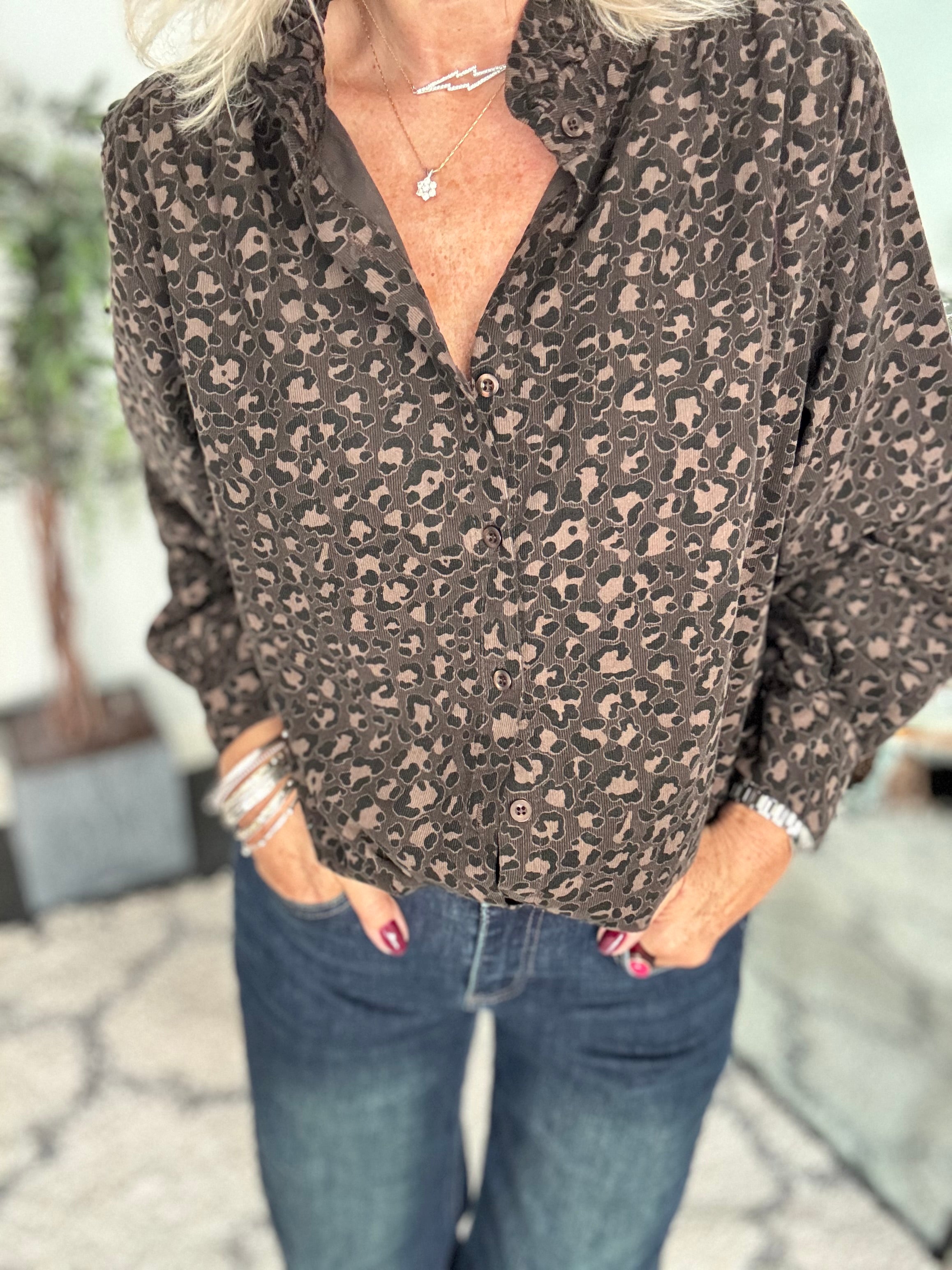 Needlecord Ruffle Blouse in Cocoa Leopard