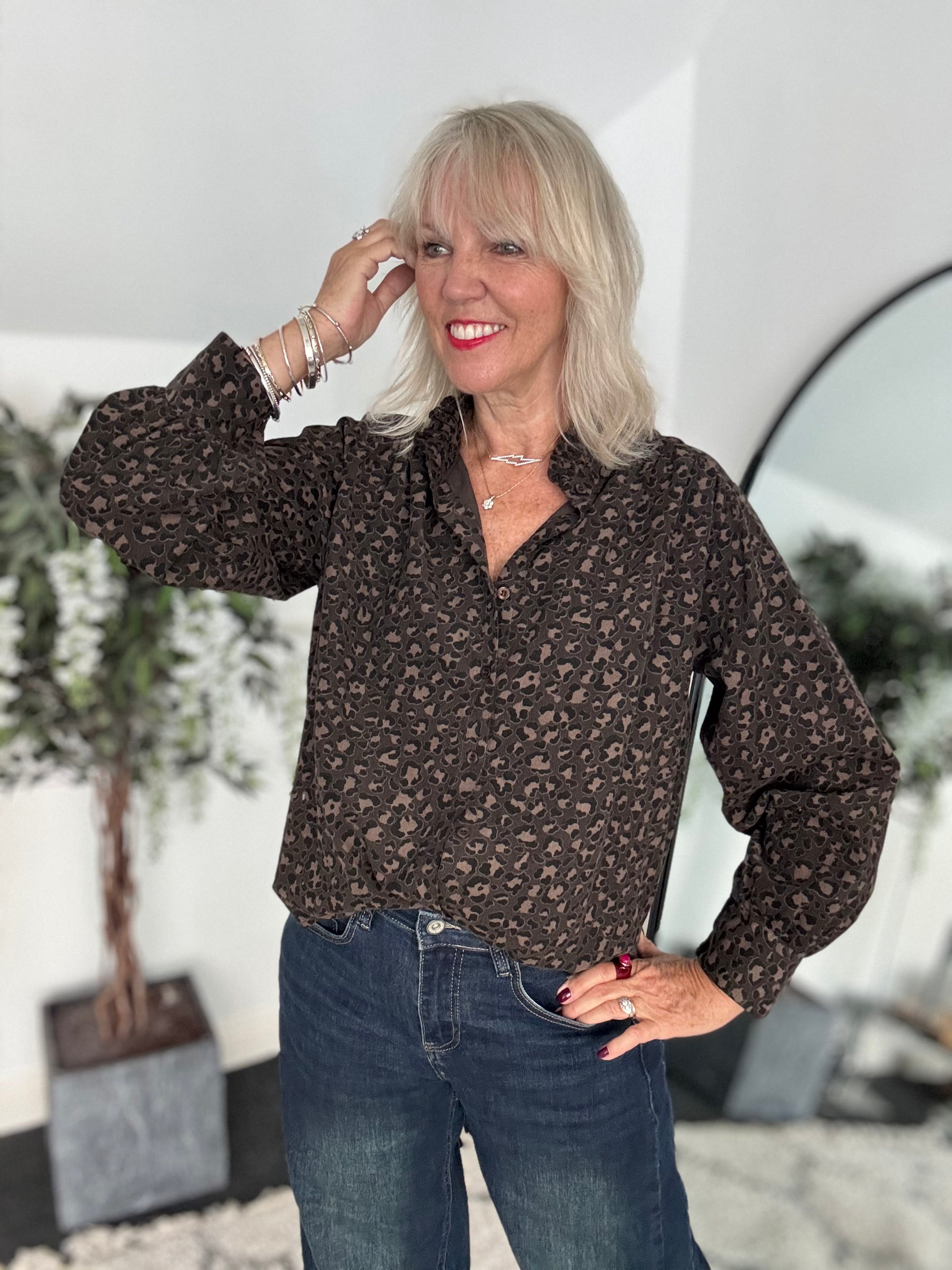 Needlecord Ruffle Blouse in Cocoa Leopard