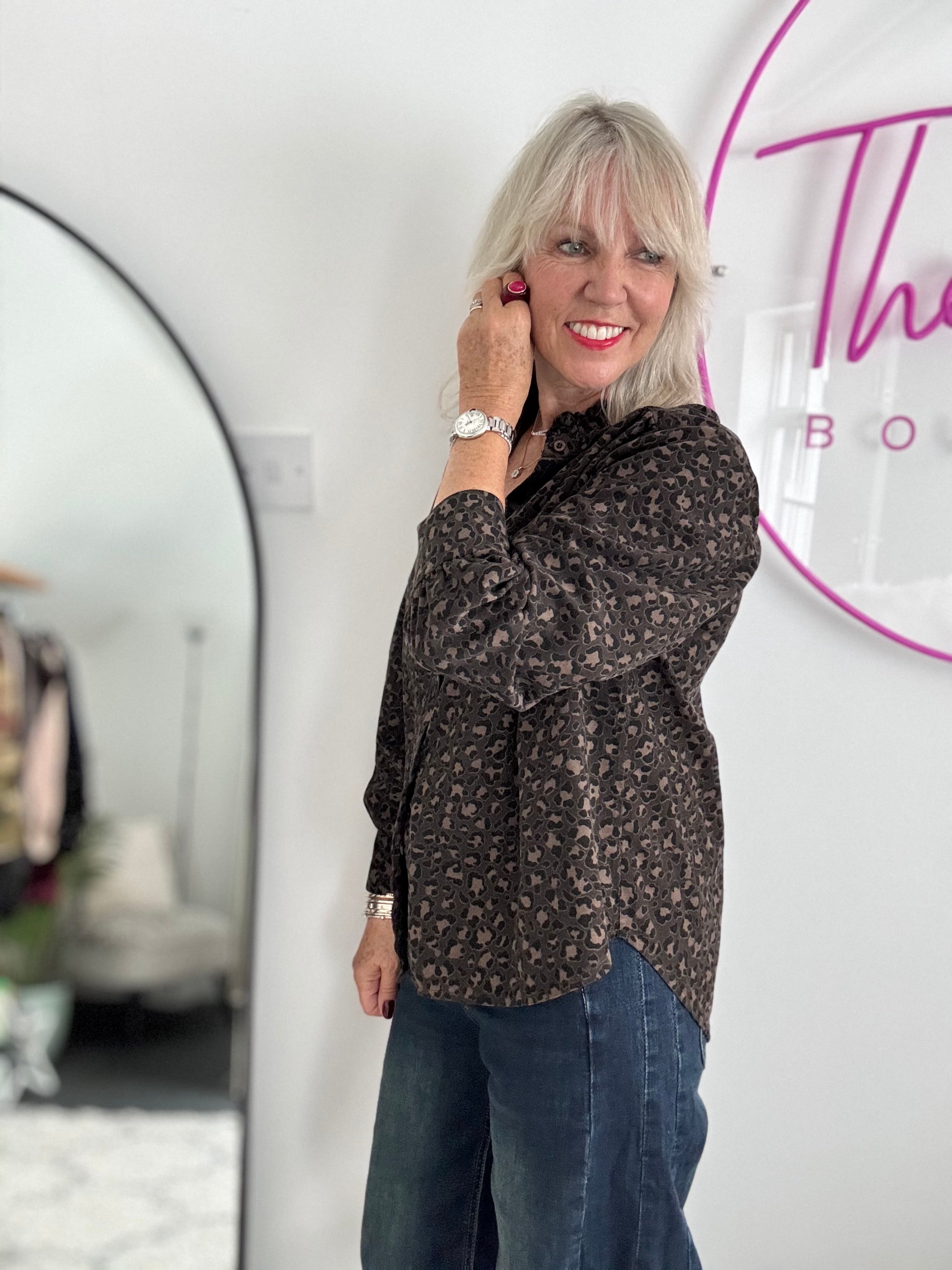 Needlecord Ruffle Blouse in Cocoa Leopard