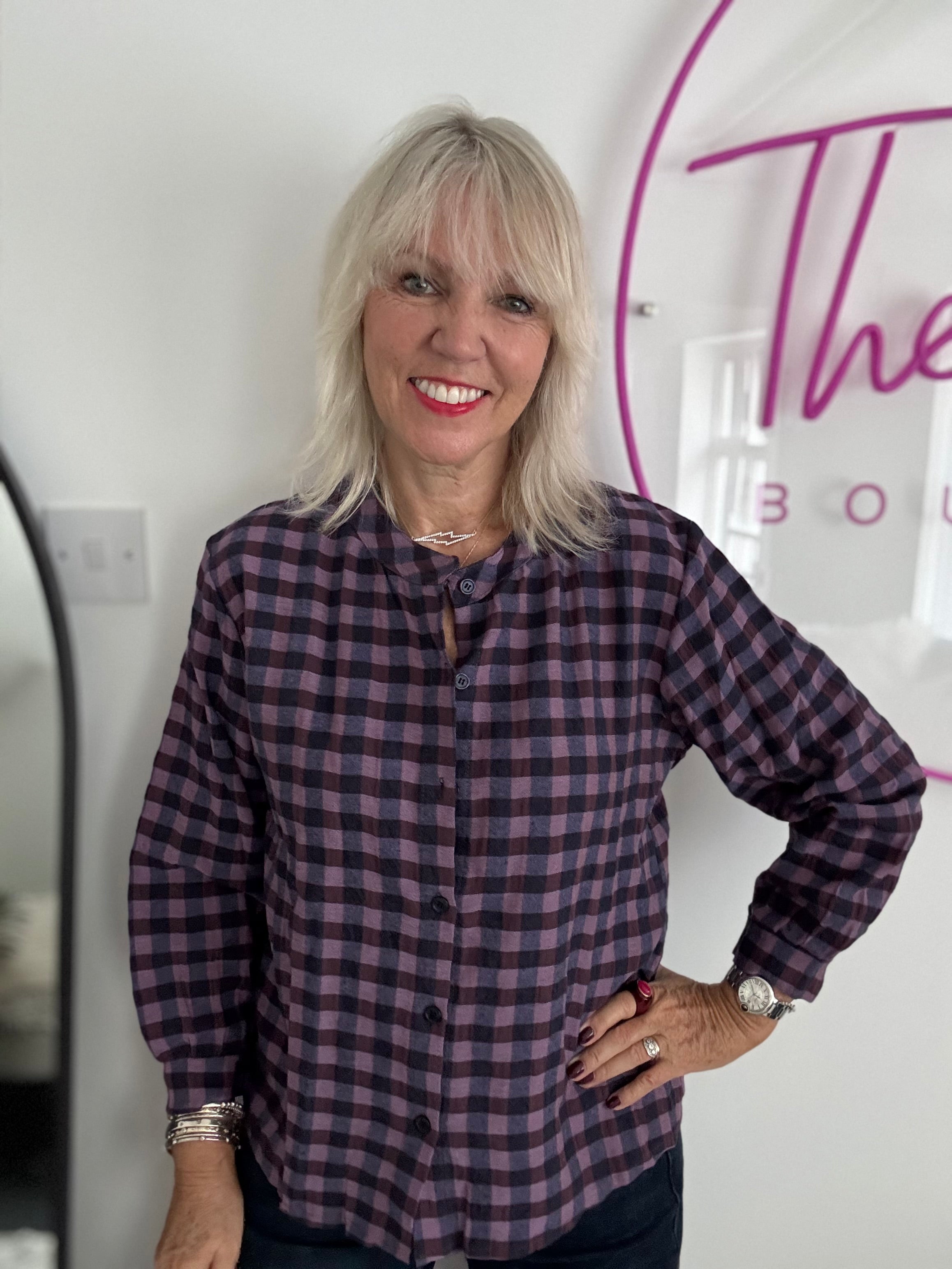 Check Grandad Shirt in Plum & Navy