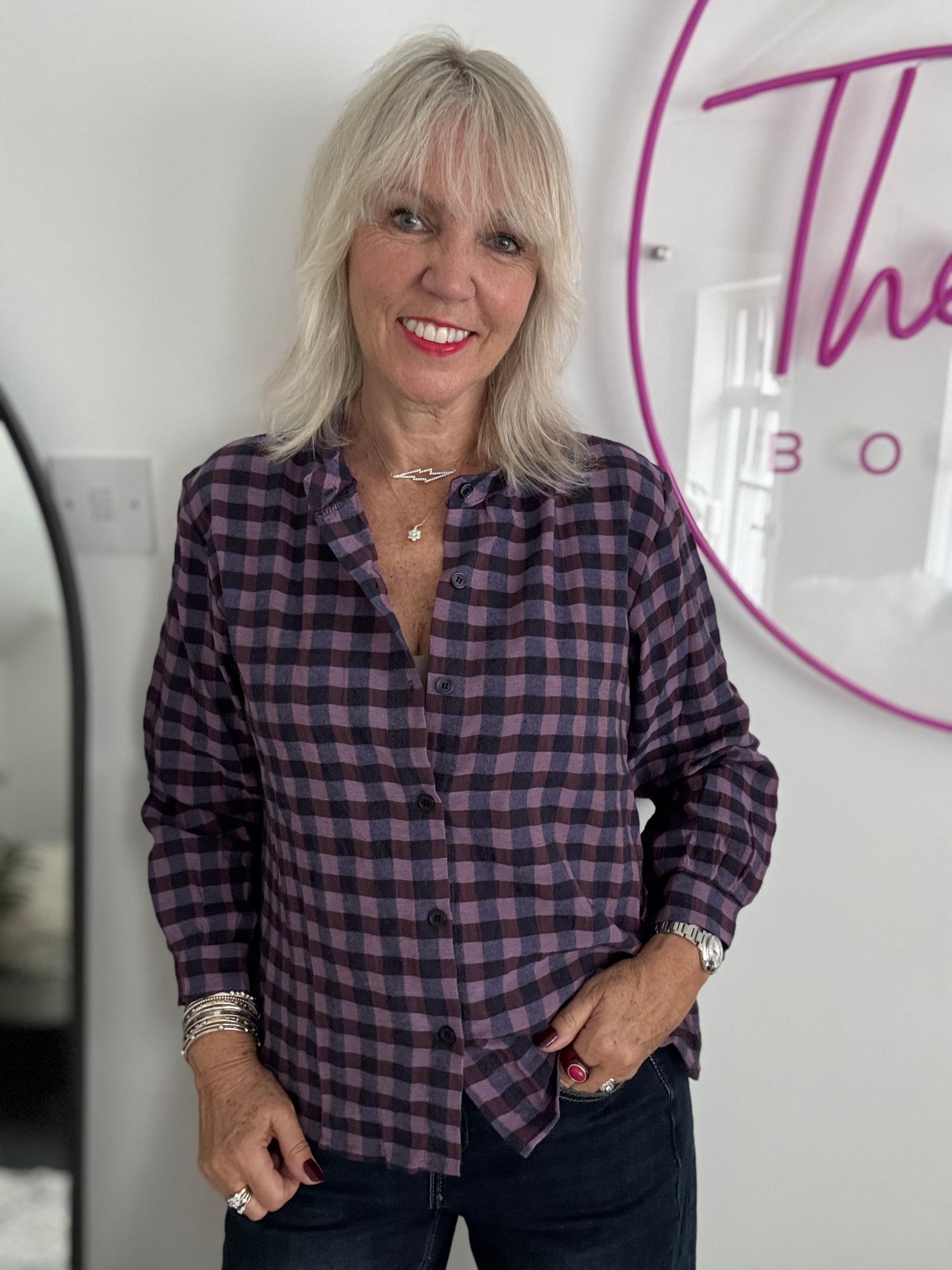 Check Grandad Shirt in Plum & Navy