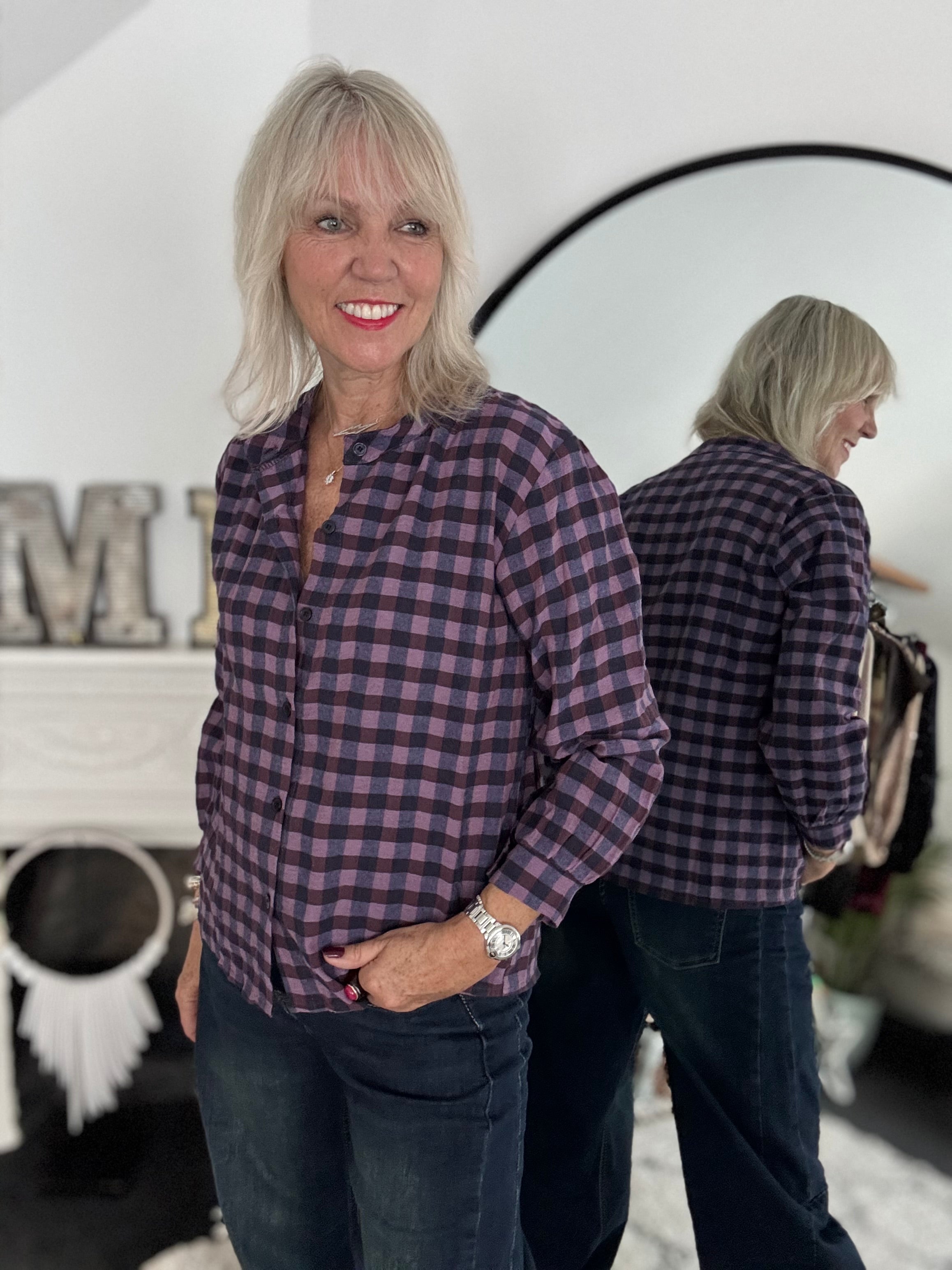Check Grandad Shirt in Plum & Navy