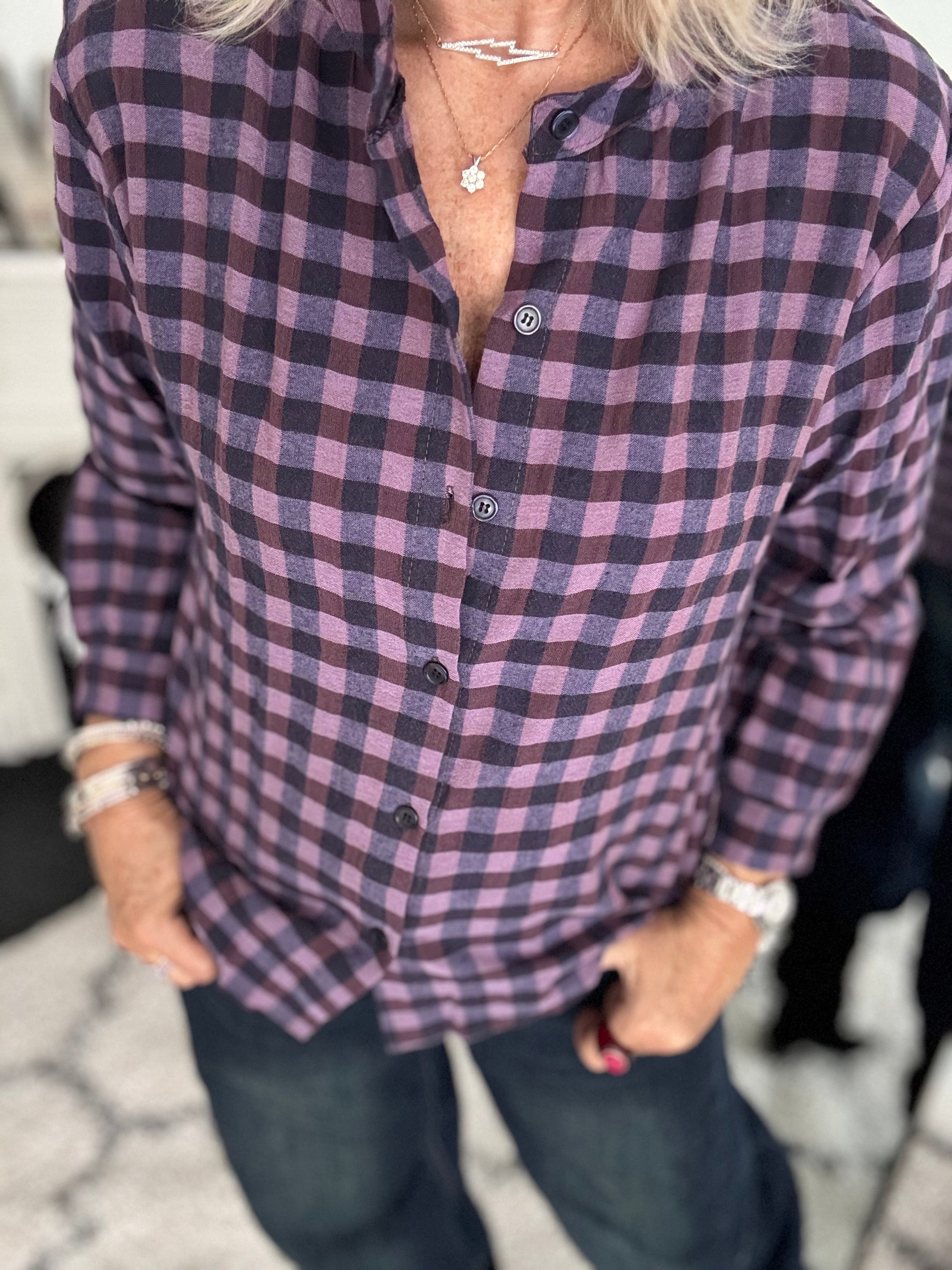Check Grandad Shirt in Plum & Navy