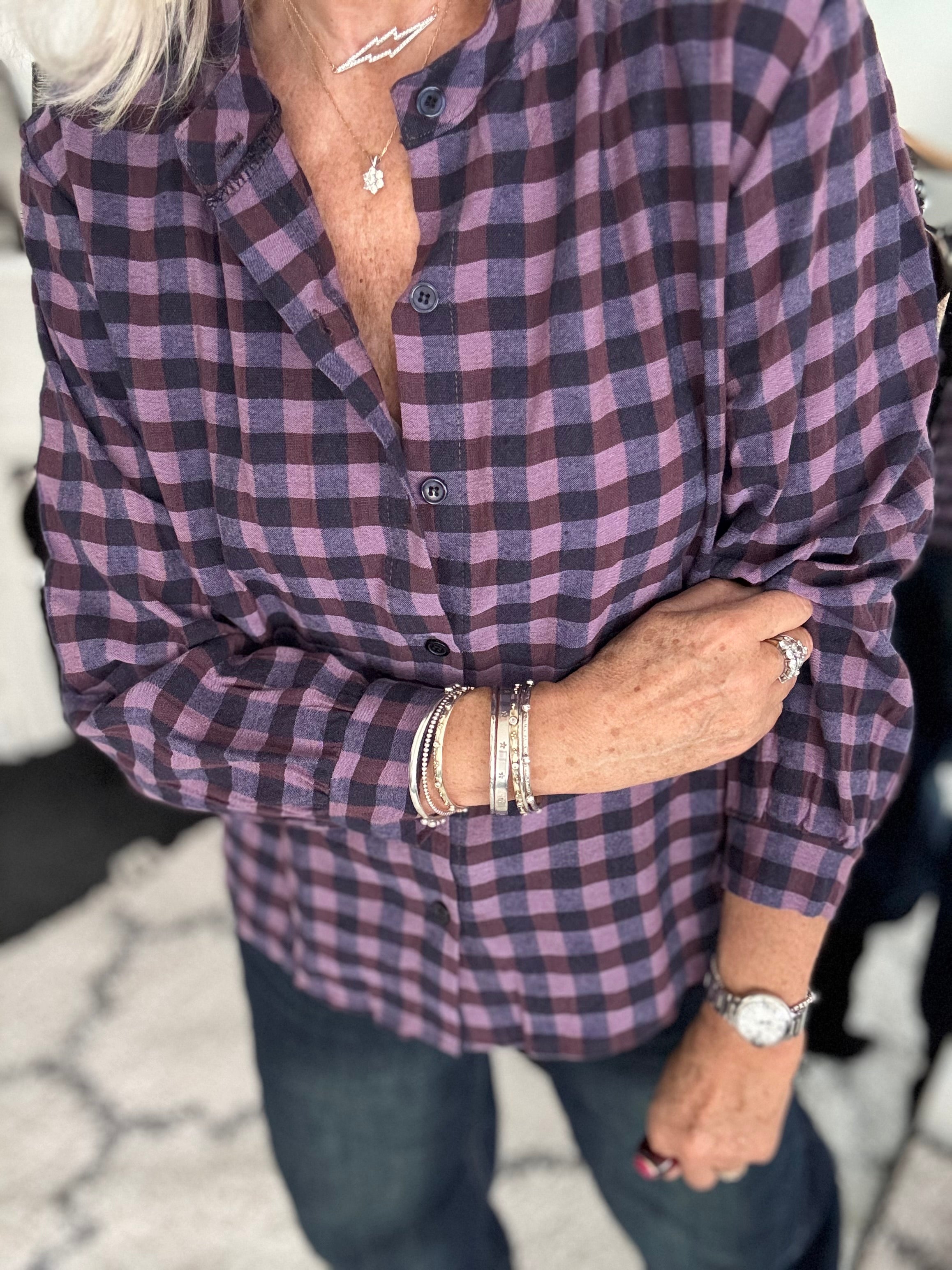Check Grandad Shirt in Plum & Navy