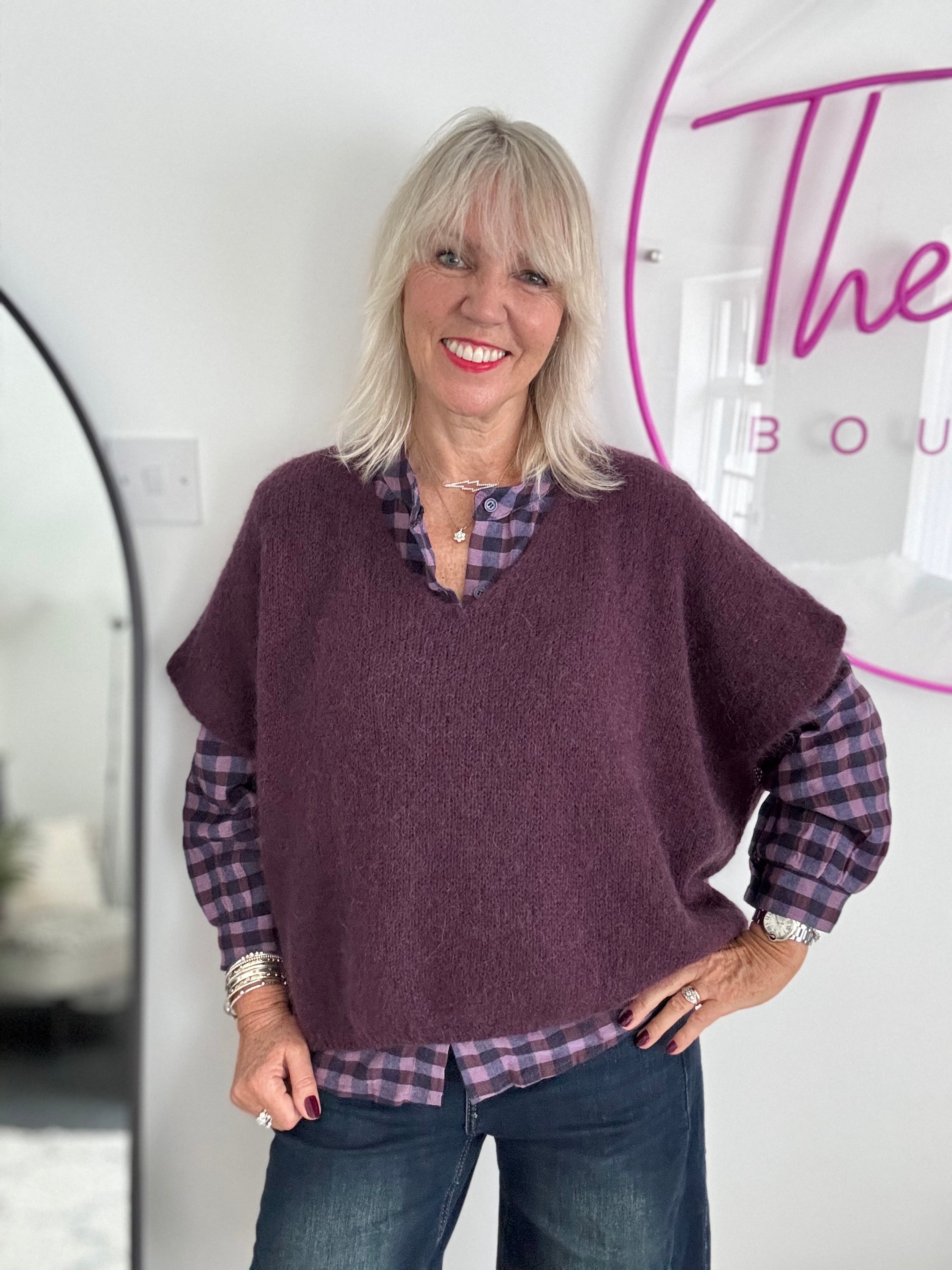 Check Grandad Shirt in Plum & Navy