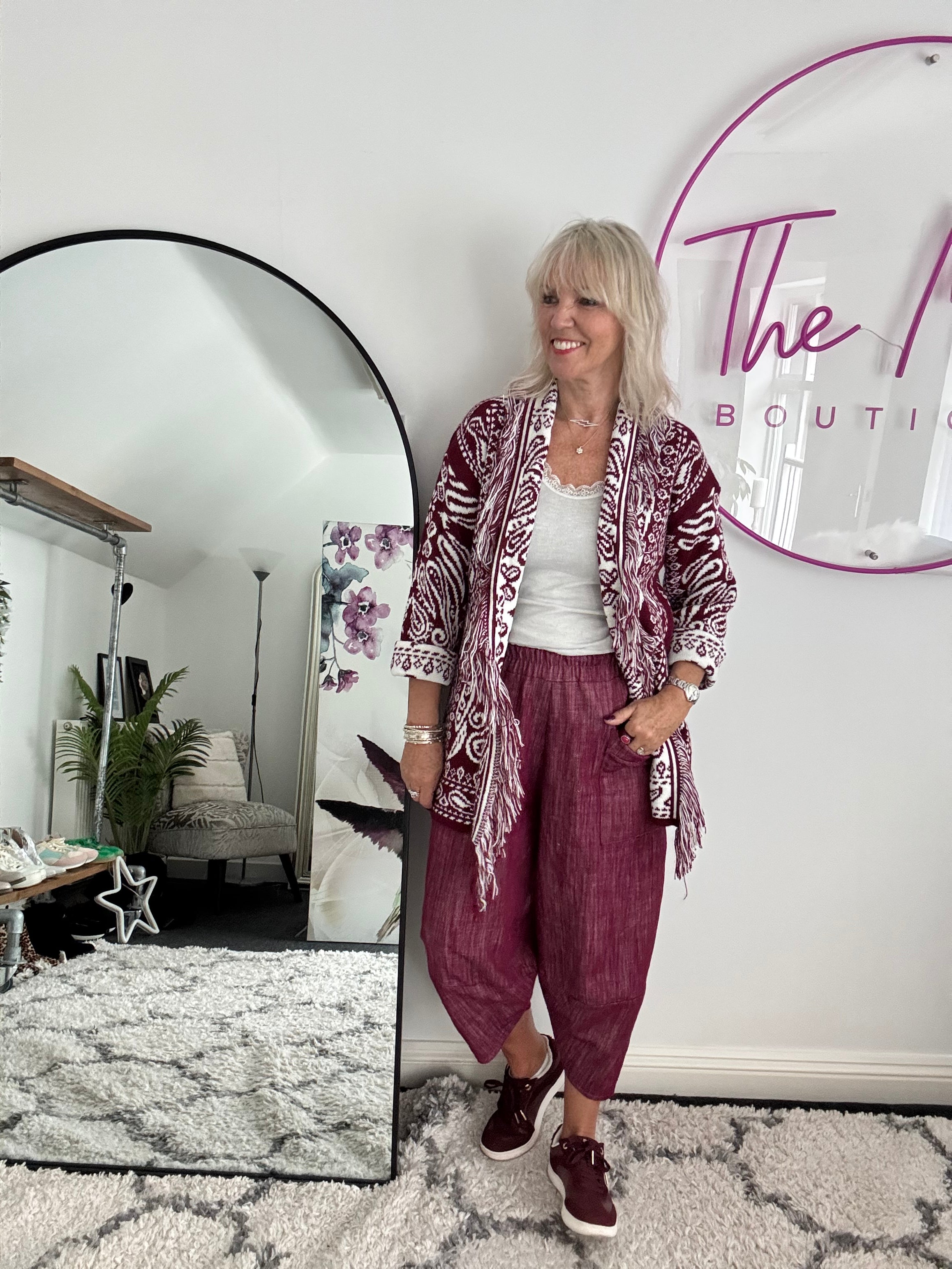 Fringed Paisley Cardigan in Berry