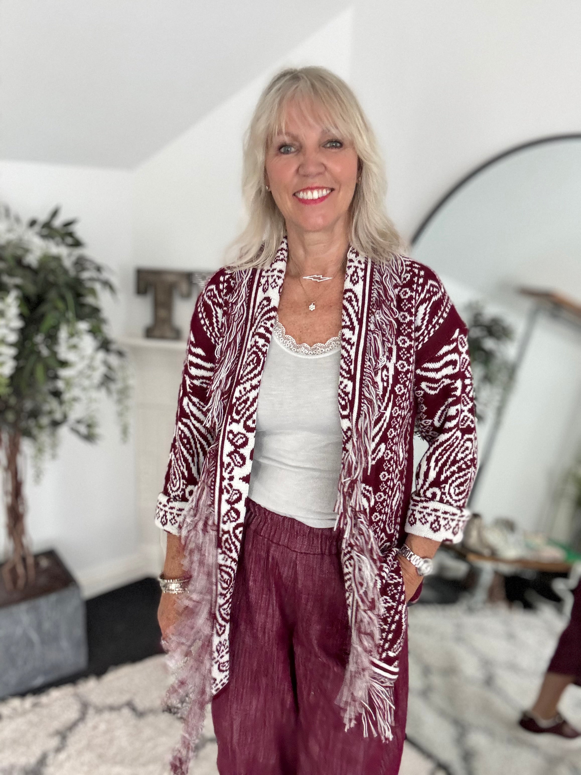 Fringed Paisley Cardigan in Berry