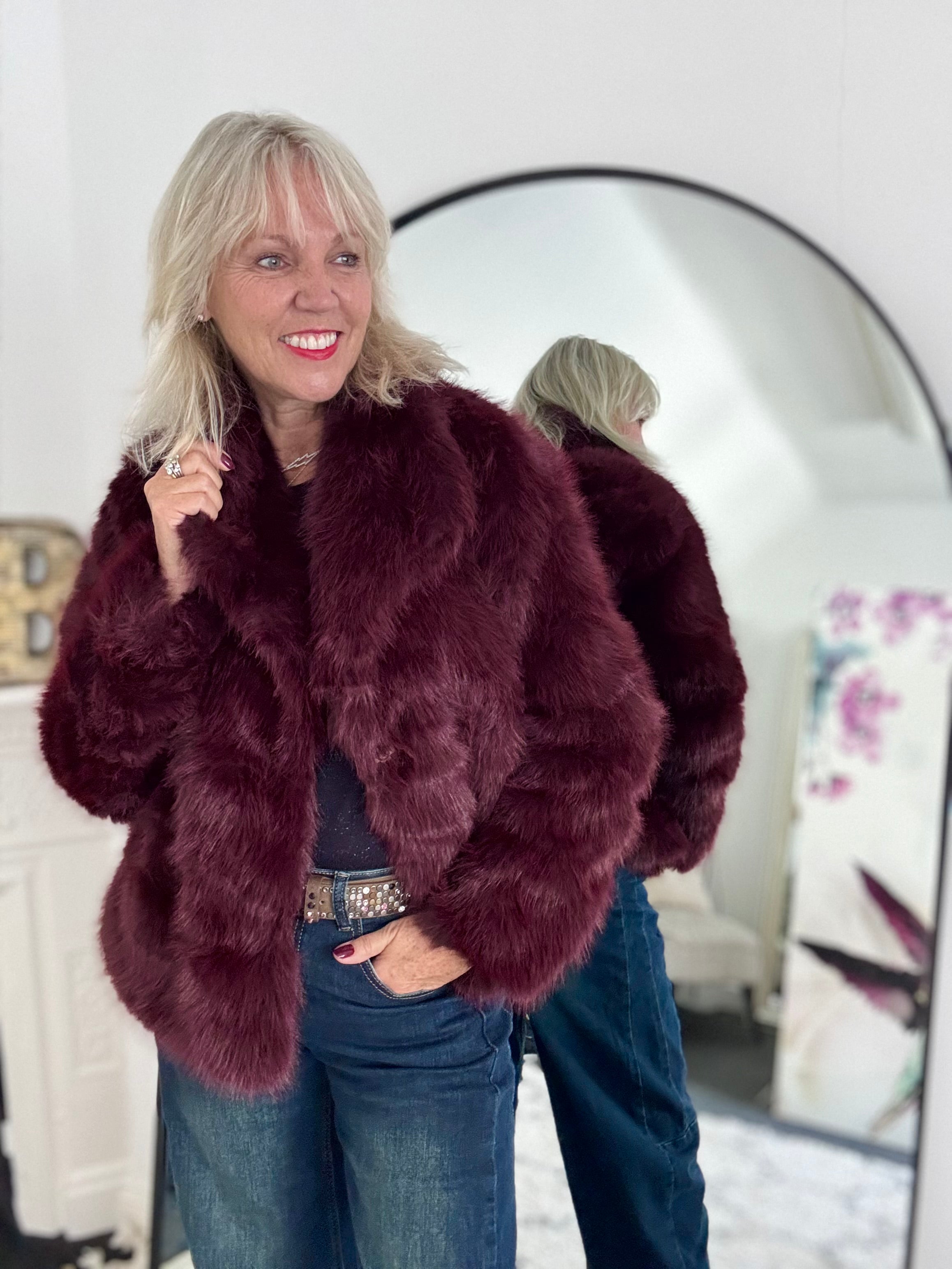 Luxe Faux Fur Jacket in Mulberry
