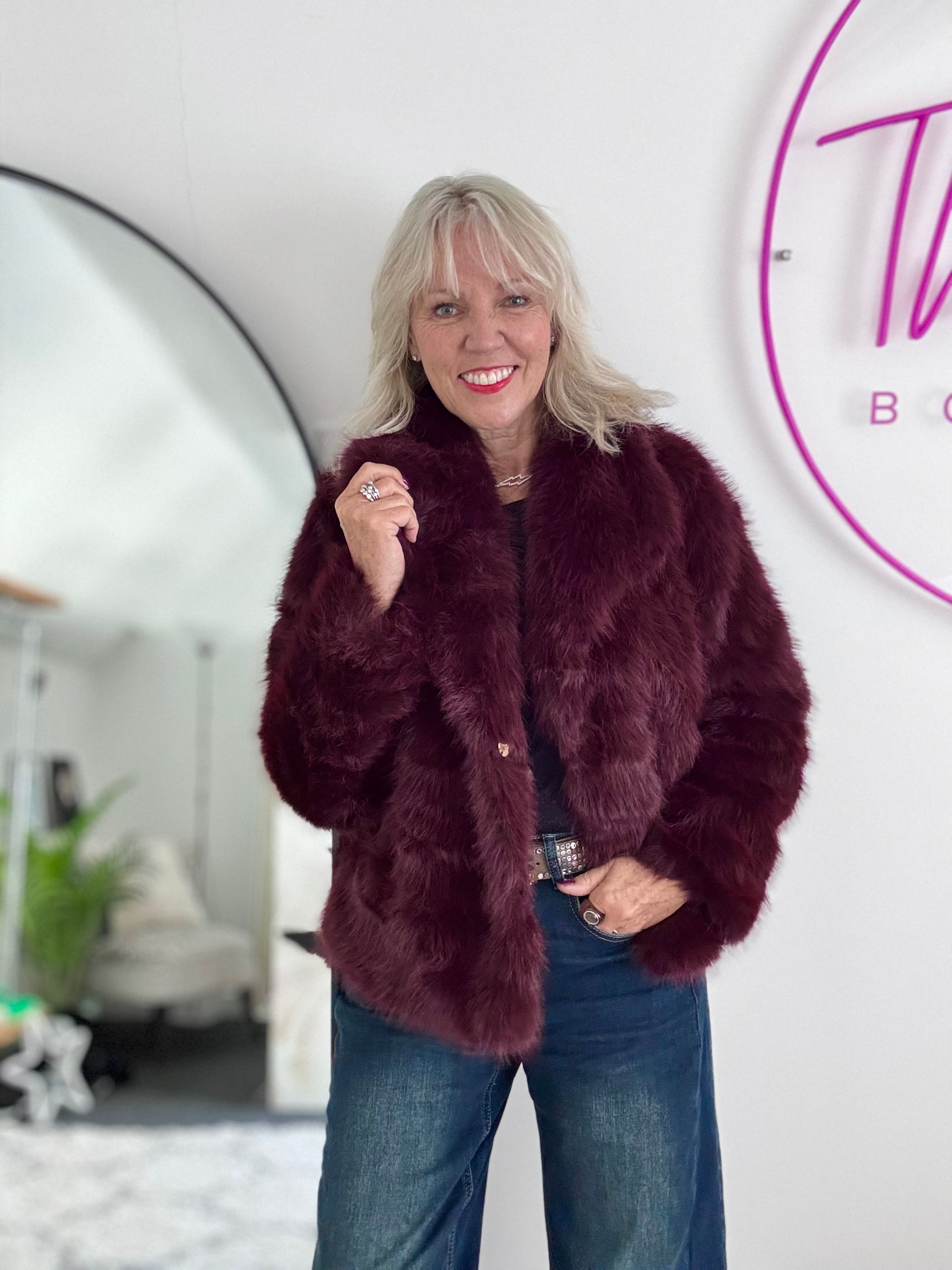 Luxe Faux Fur Jacket in Mulberry