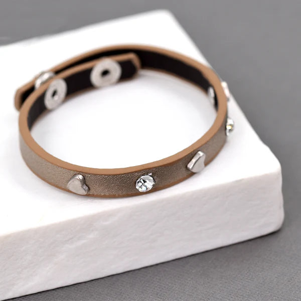 Heart & Crystal Leather Bracelet in Bronze Gold