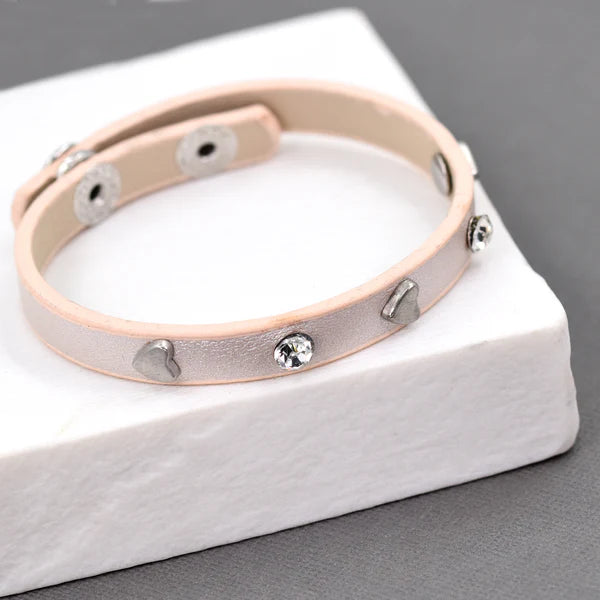 Heart & Crystal Leather Bracelet in Champagne Pink