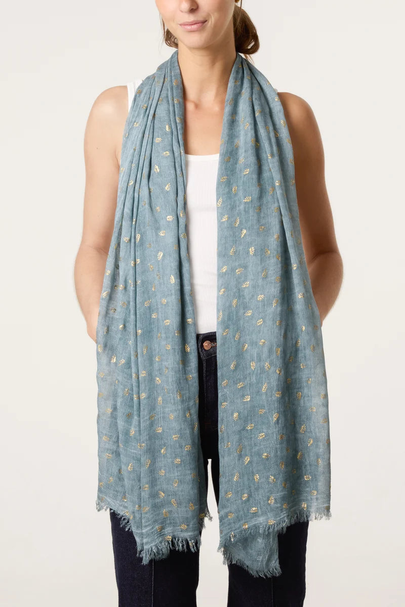 Gold Leaf Print Scarf in Sea Green