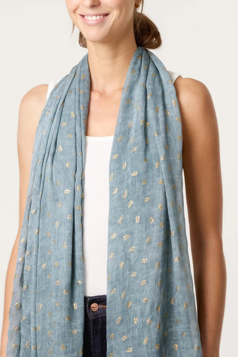 Gold Leaf Print Scarf in Sea Green