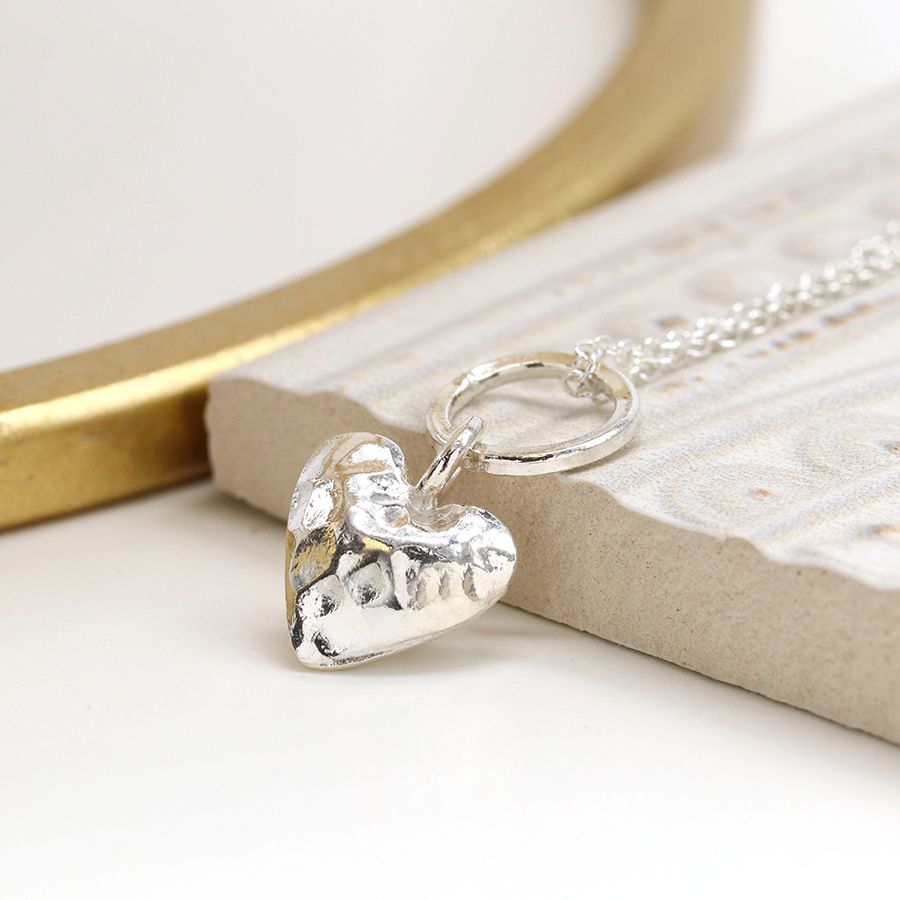 Sterling Silver Necklace with Hammered Hoop & Heart