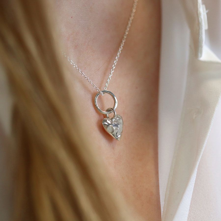 Sterling Silver Necklace with Hammered Hoop & Heart