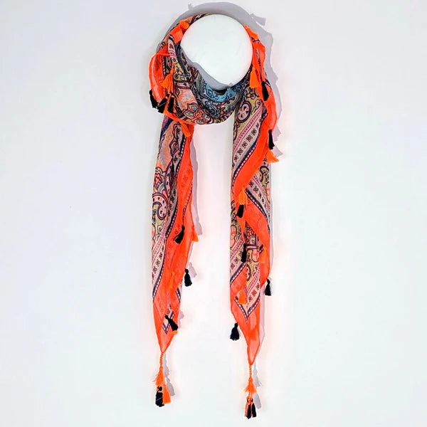 Paisley Square Scarf with Tassels in Neon Coral