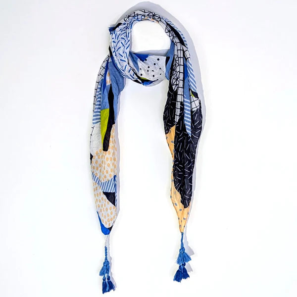 Patterned Square Scarf with Tassels in Blue