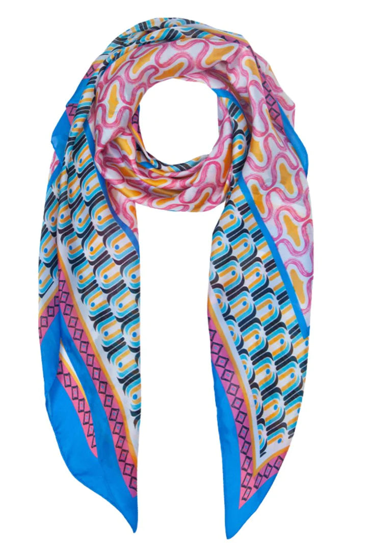 Silky Patterned Scarf with Blue Border