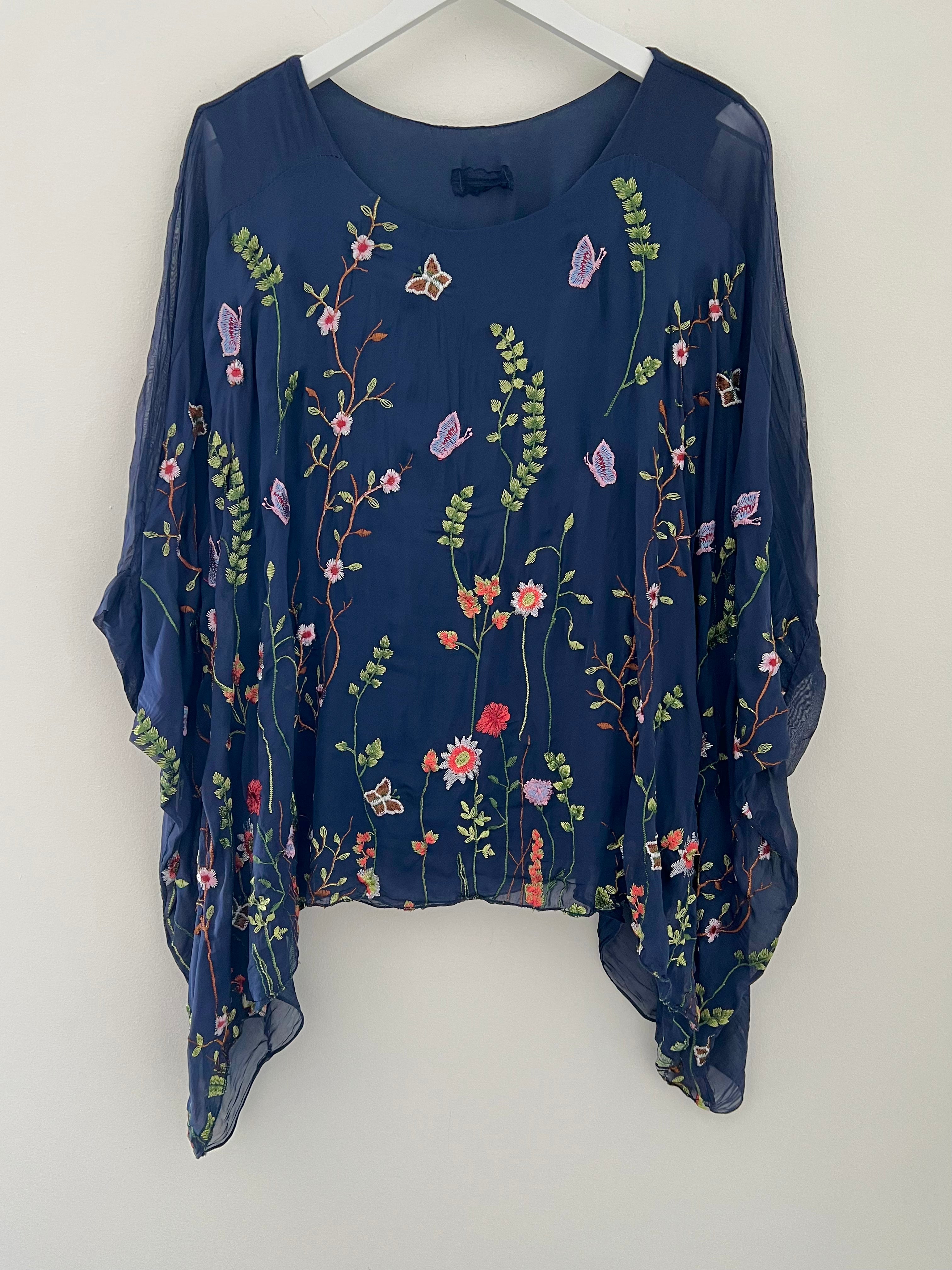 Silk Embroidered Top in Dark Blue