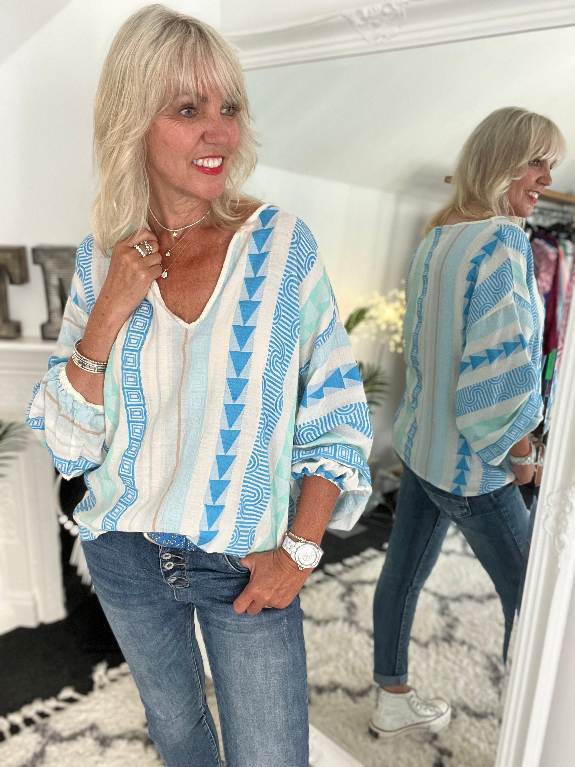 Embroidered Blouse in Blue & Mint