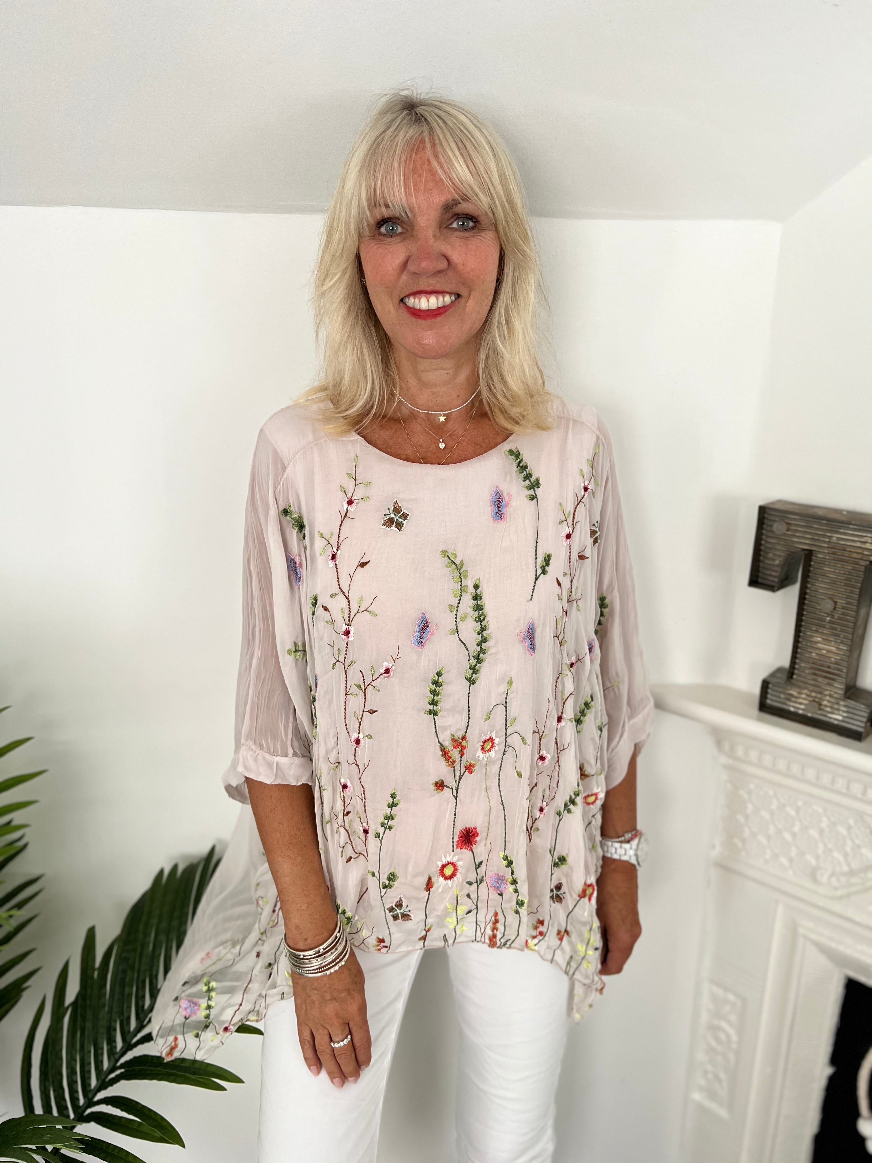 Silk Embroidered Top in Pink