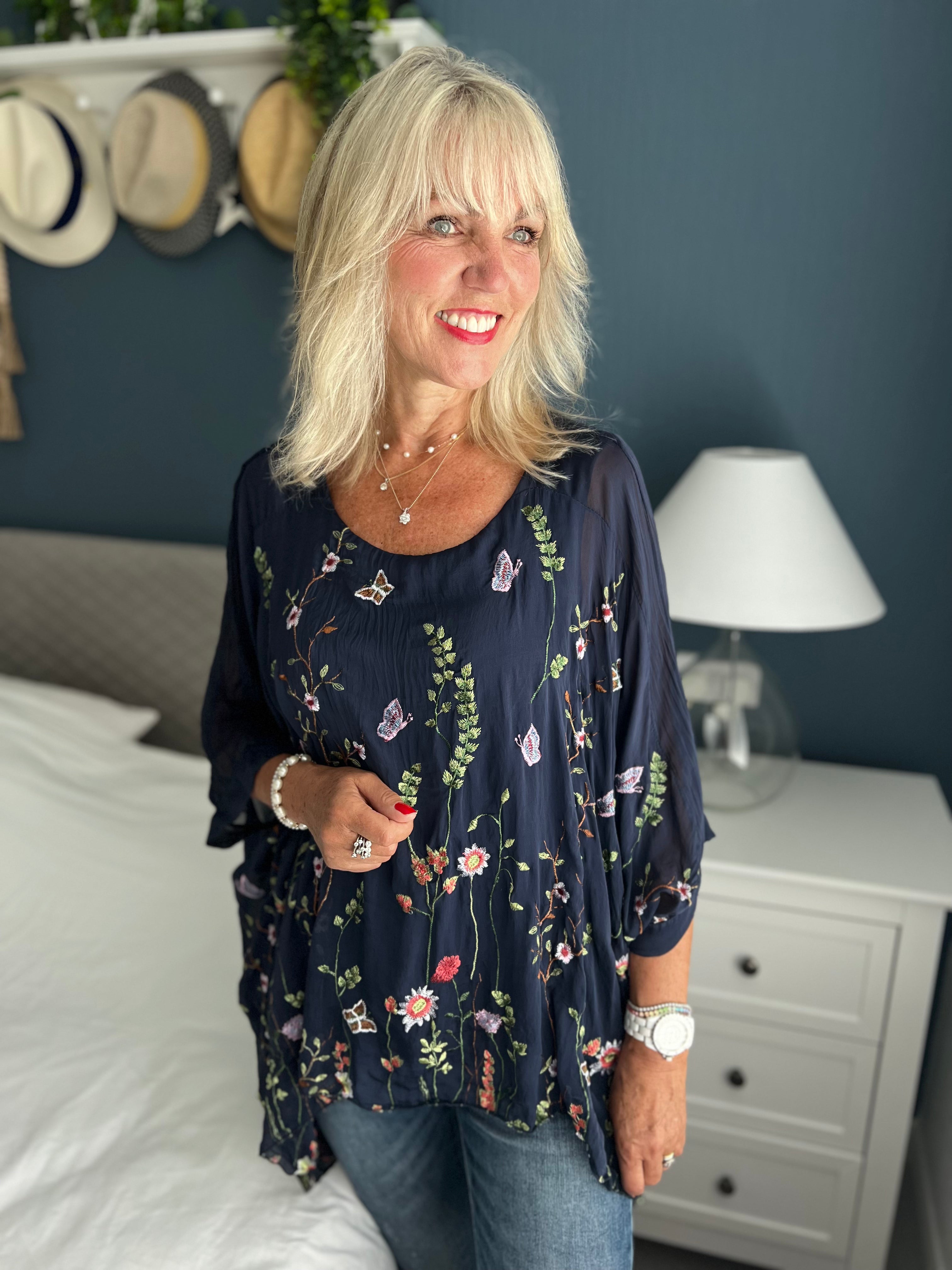 Silk Embroidered Top in Dark Blue