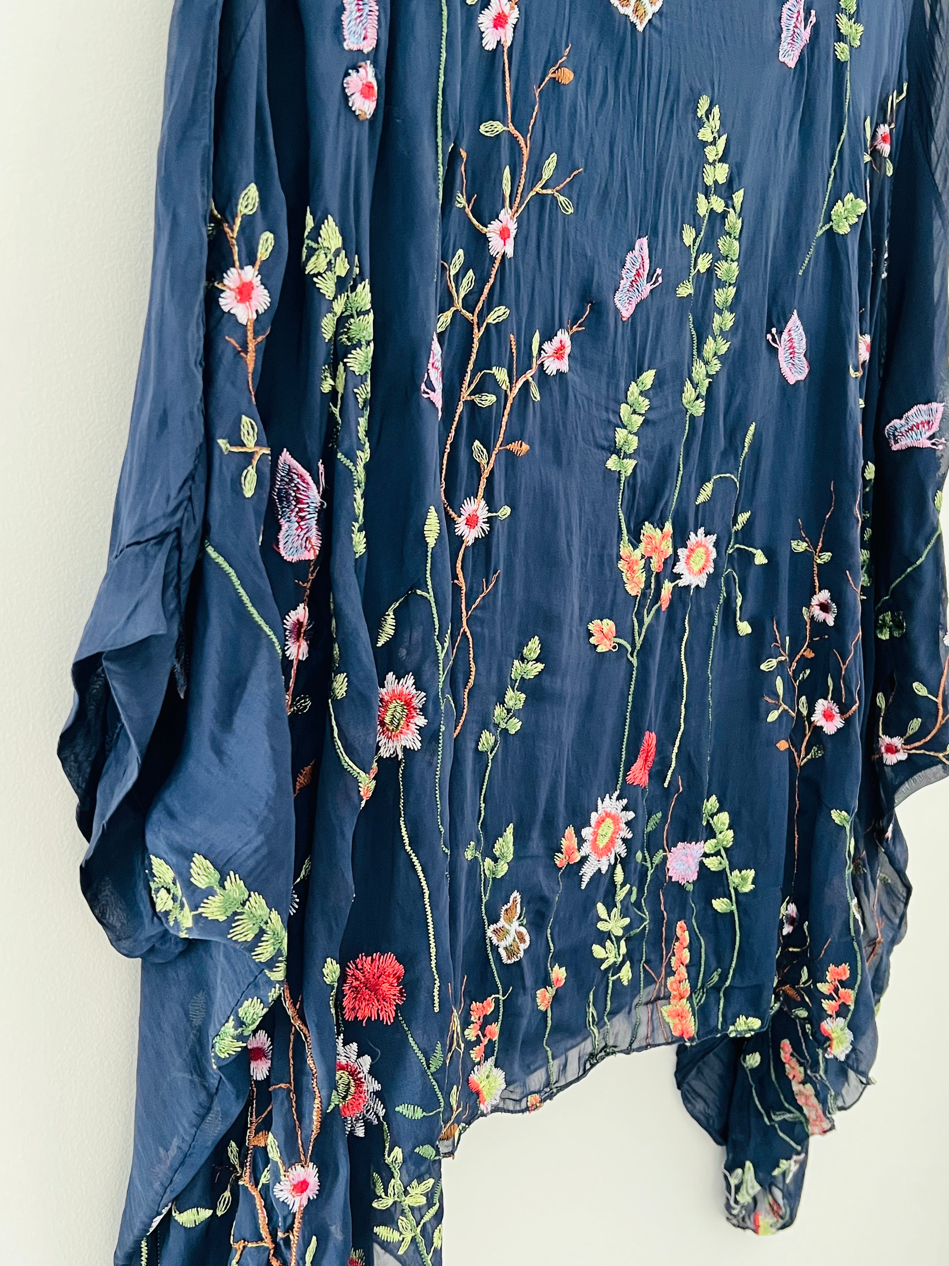 Silk Embroidered Top in Dark Blue