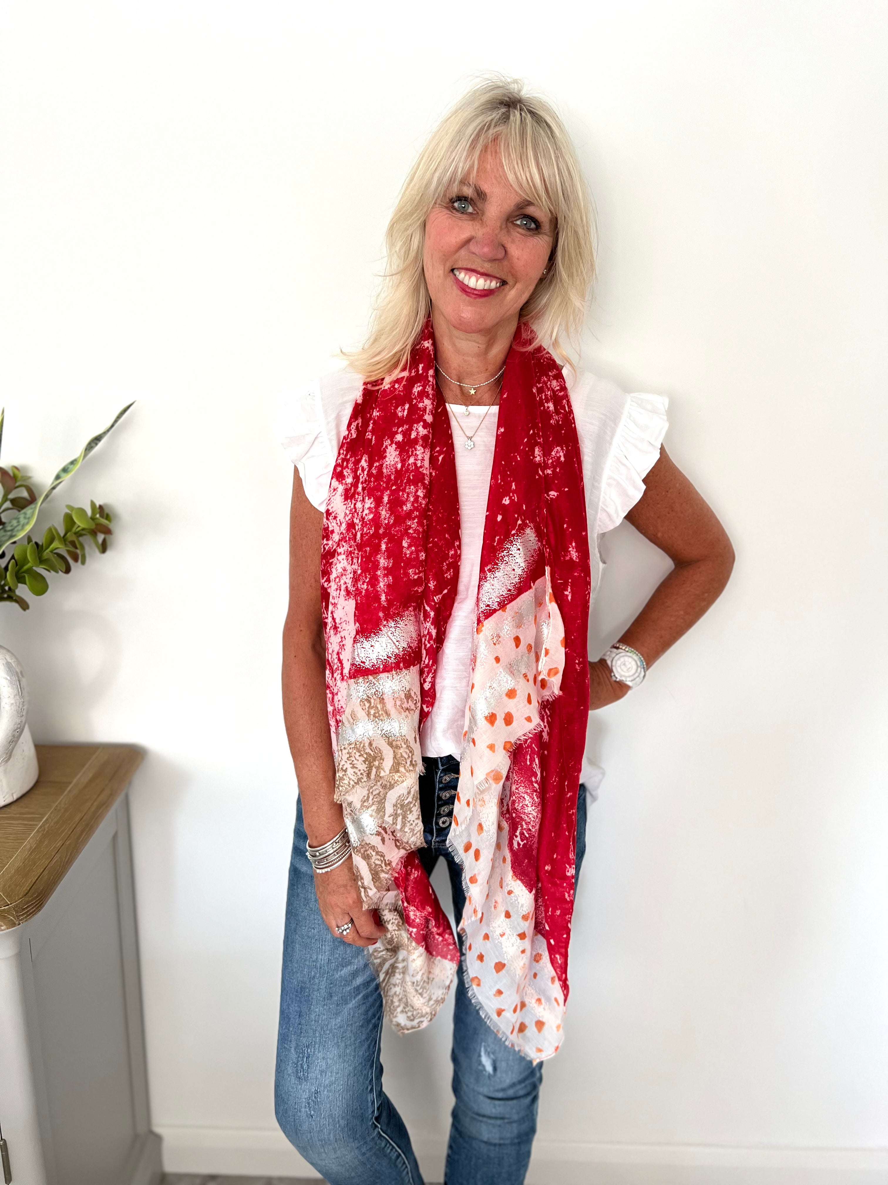 Silver Paint Trail Scarf in Red