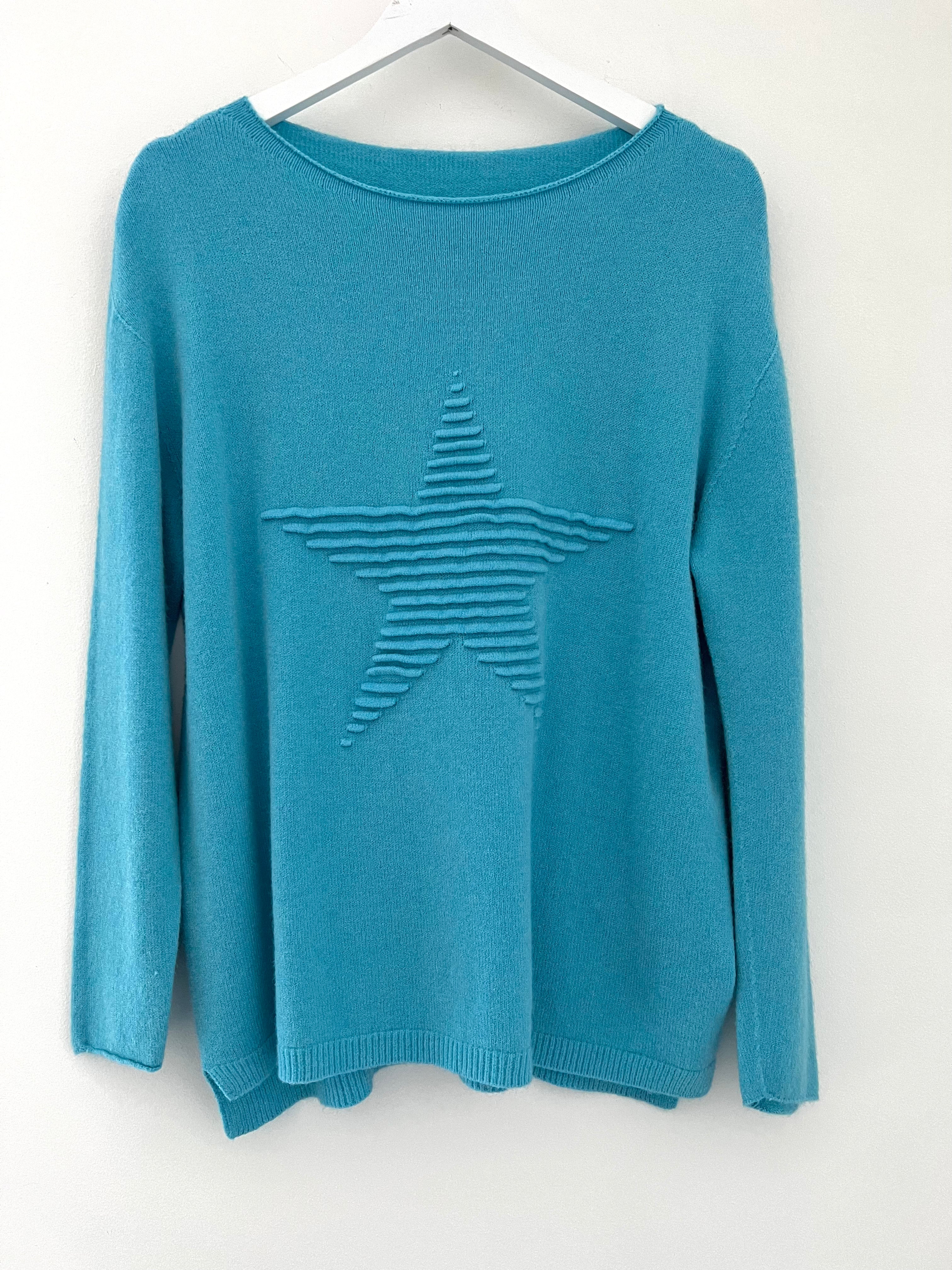 Ribbed Star Jumper in Turquoise Blue