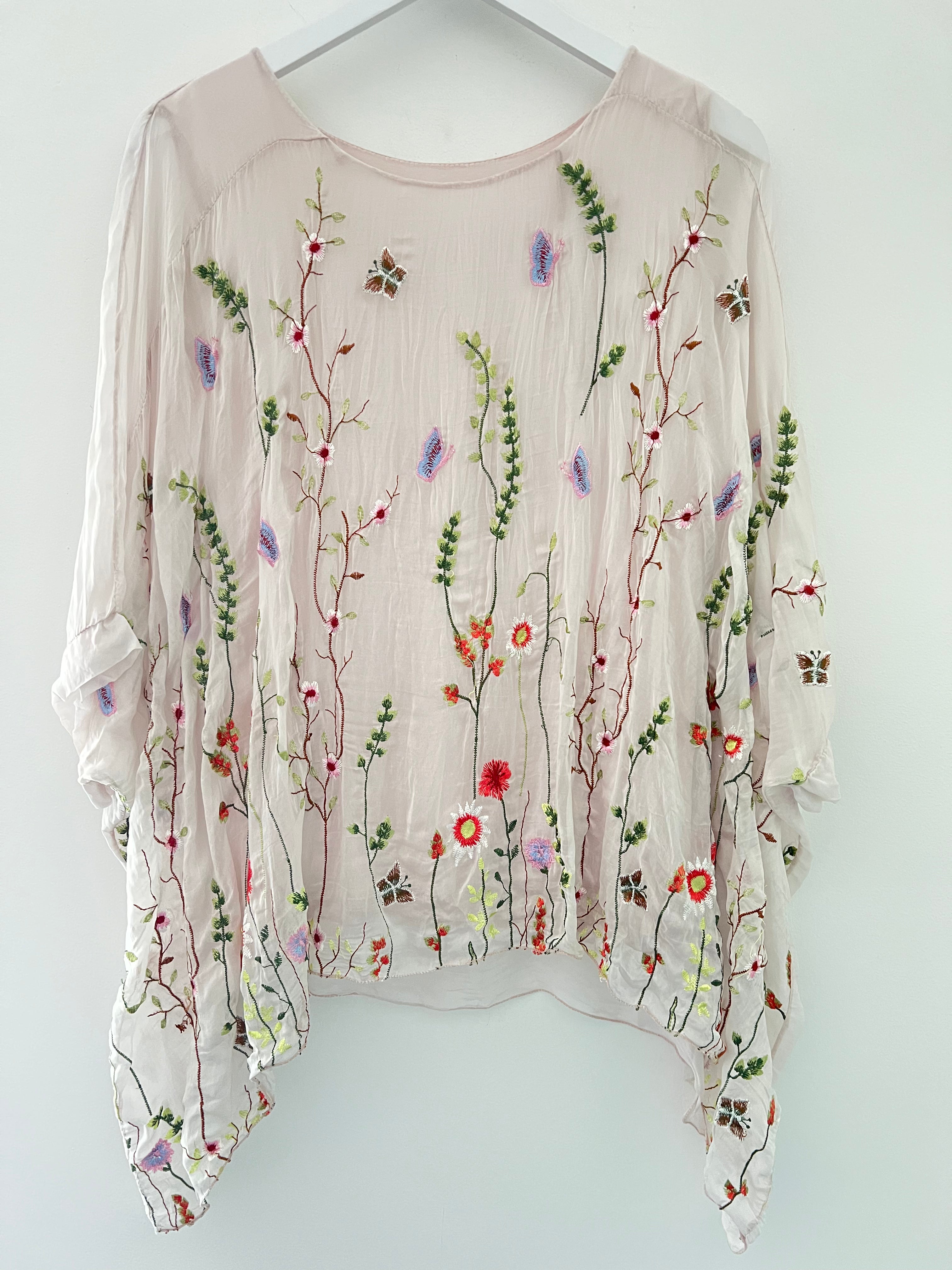 Silk Embroidered Top in Pink