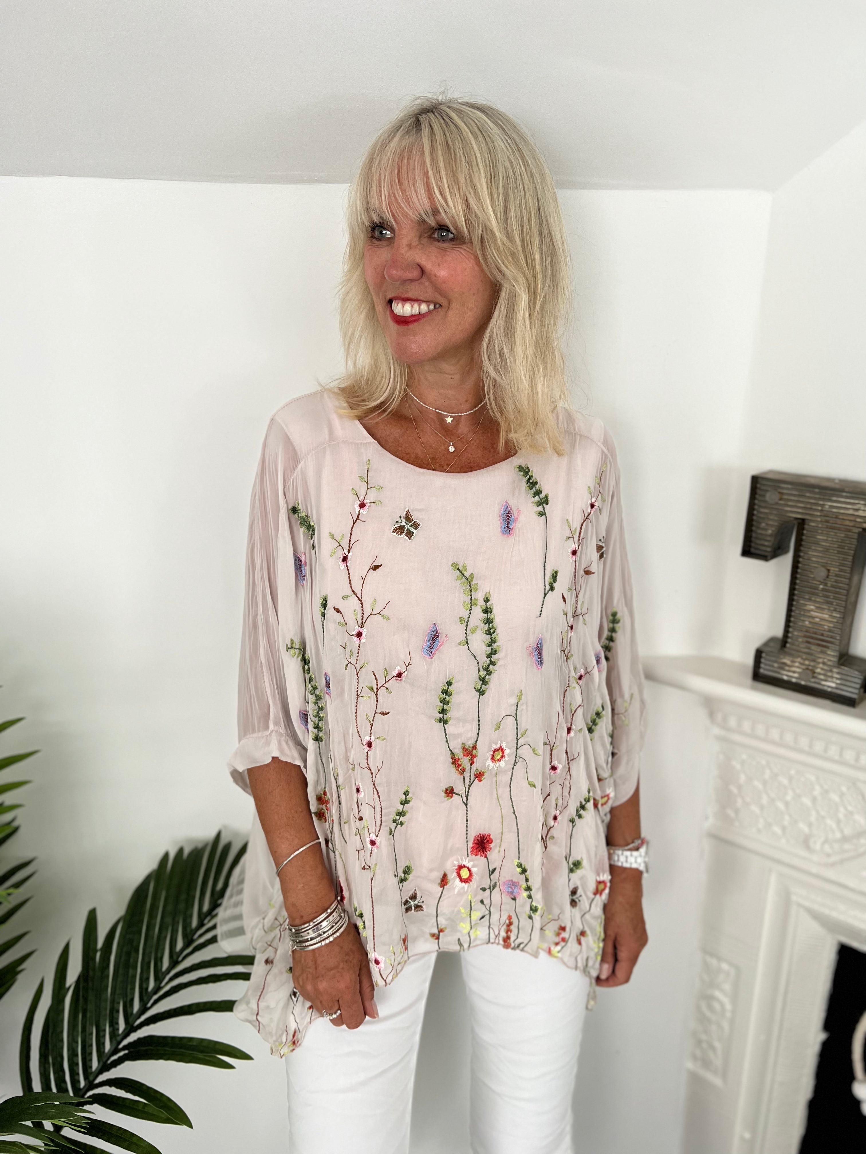 Silk Embroidered Top in Pink