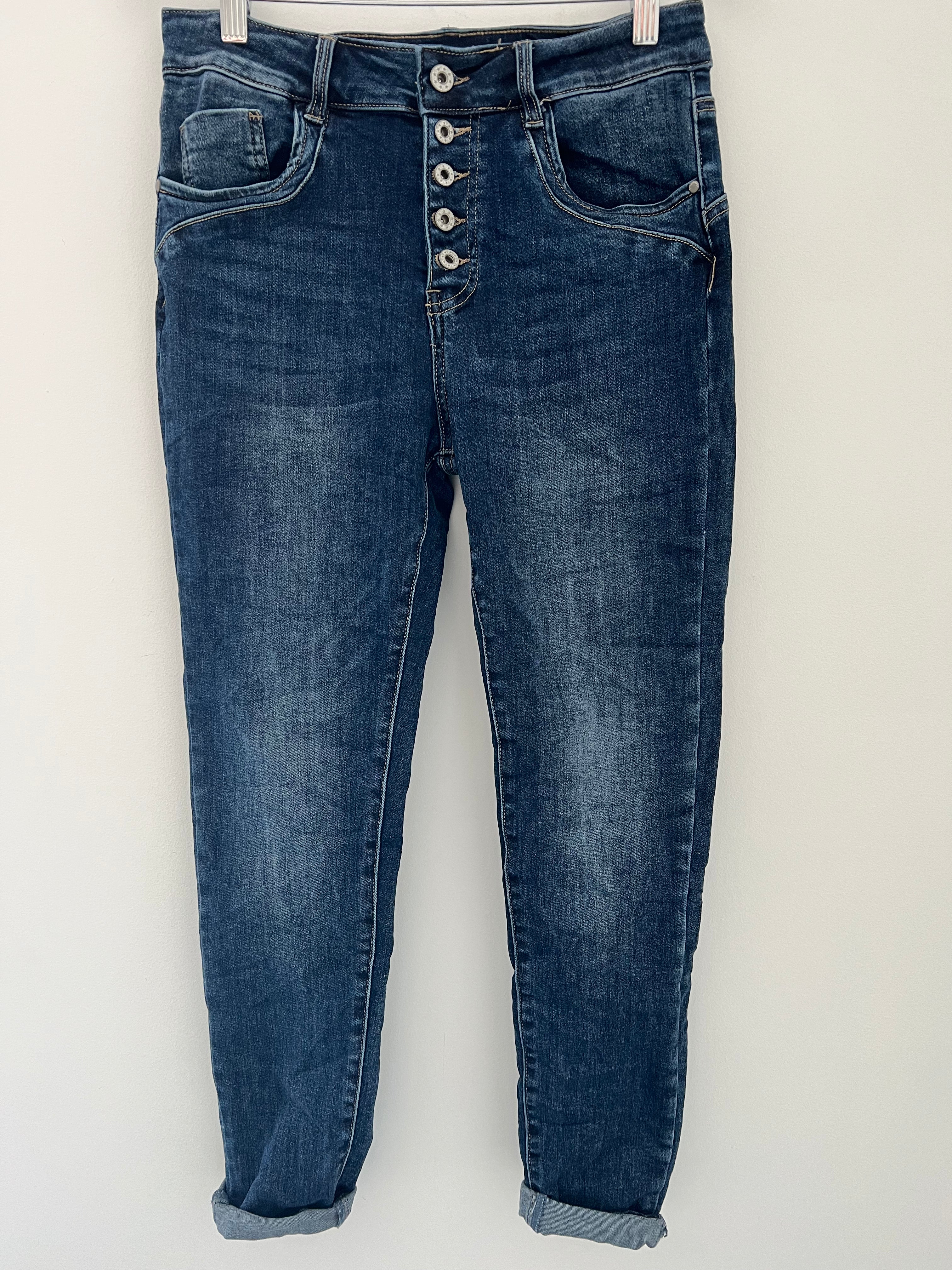 Button Fly Stretch Jeans in Darker Denim