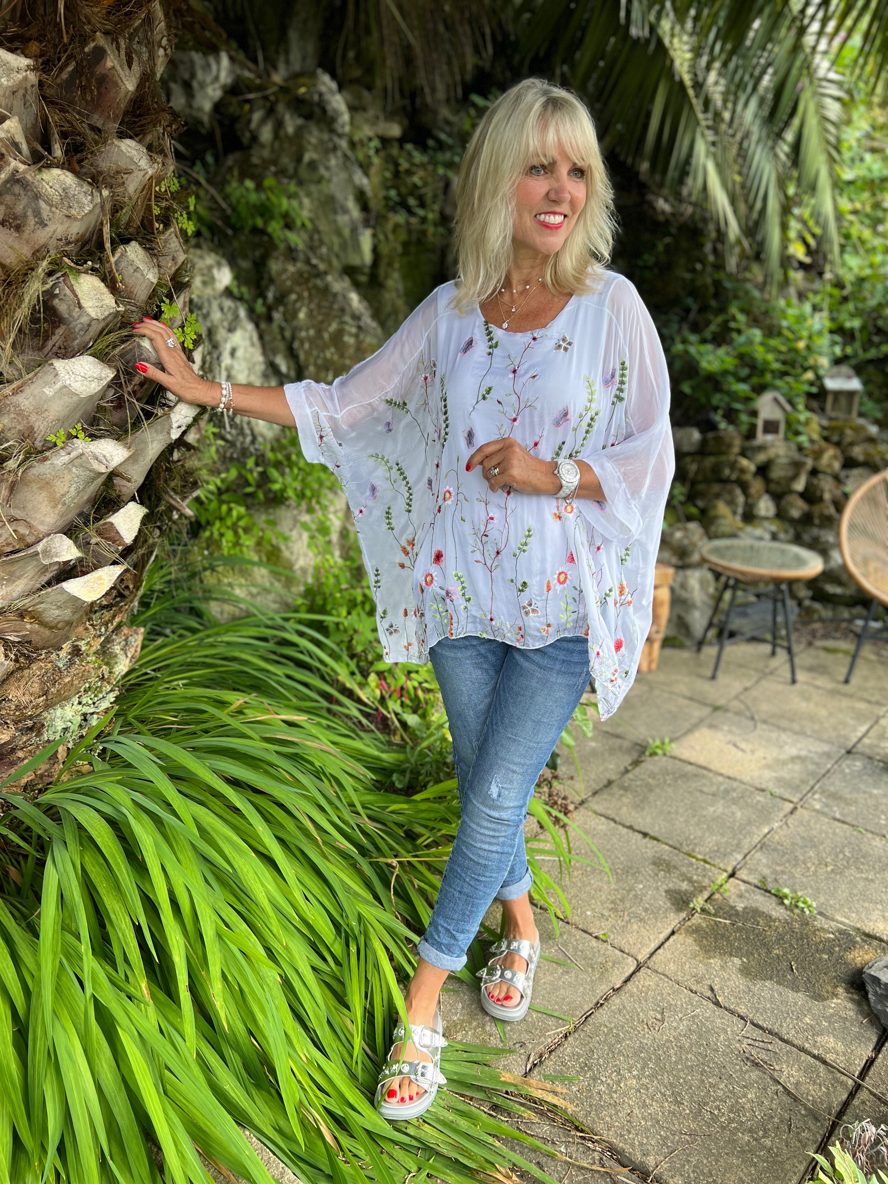 Silk Embroidered Top in White