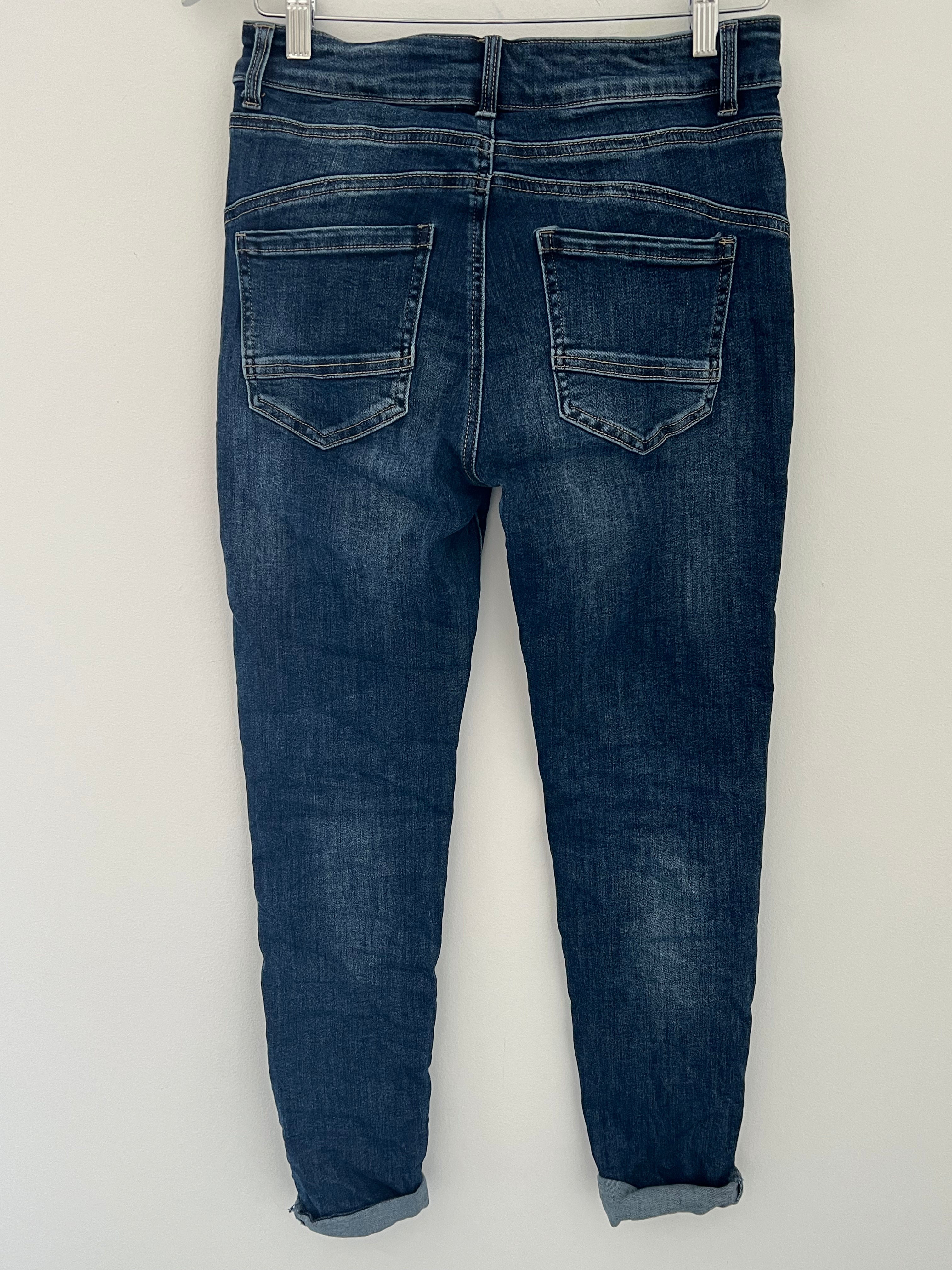 Button Fly Stretch Jeans in Darker Denim