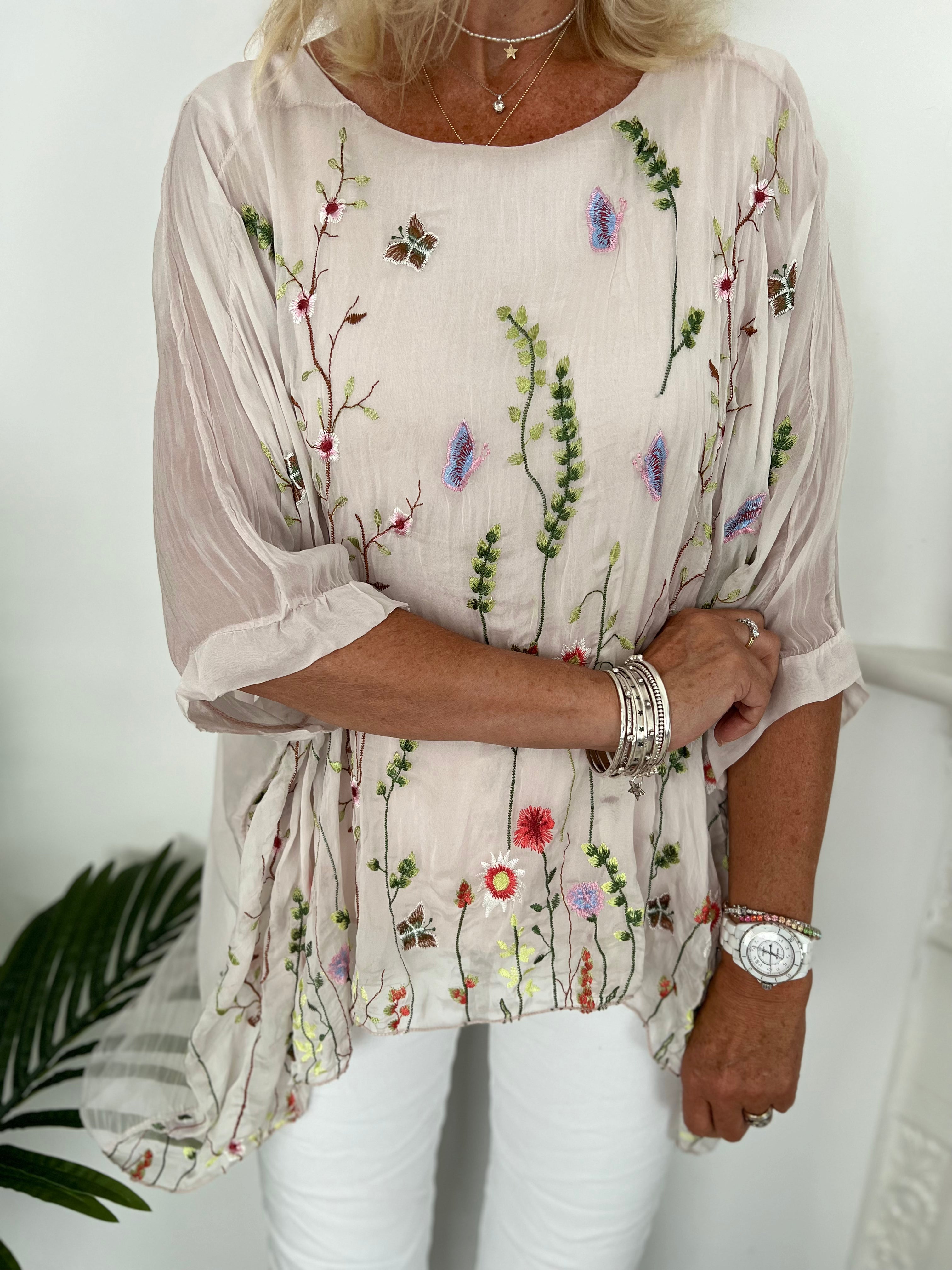 Silk Embroidered Top in Pink