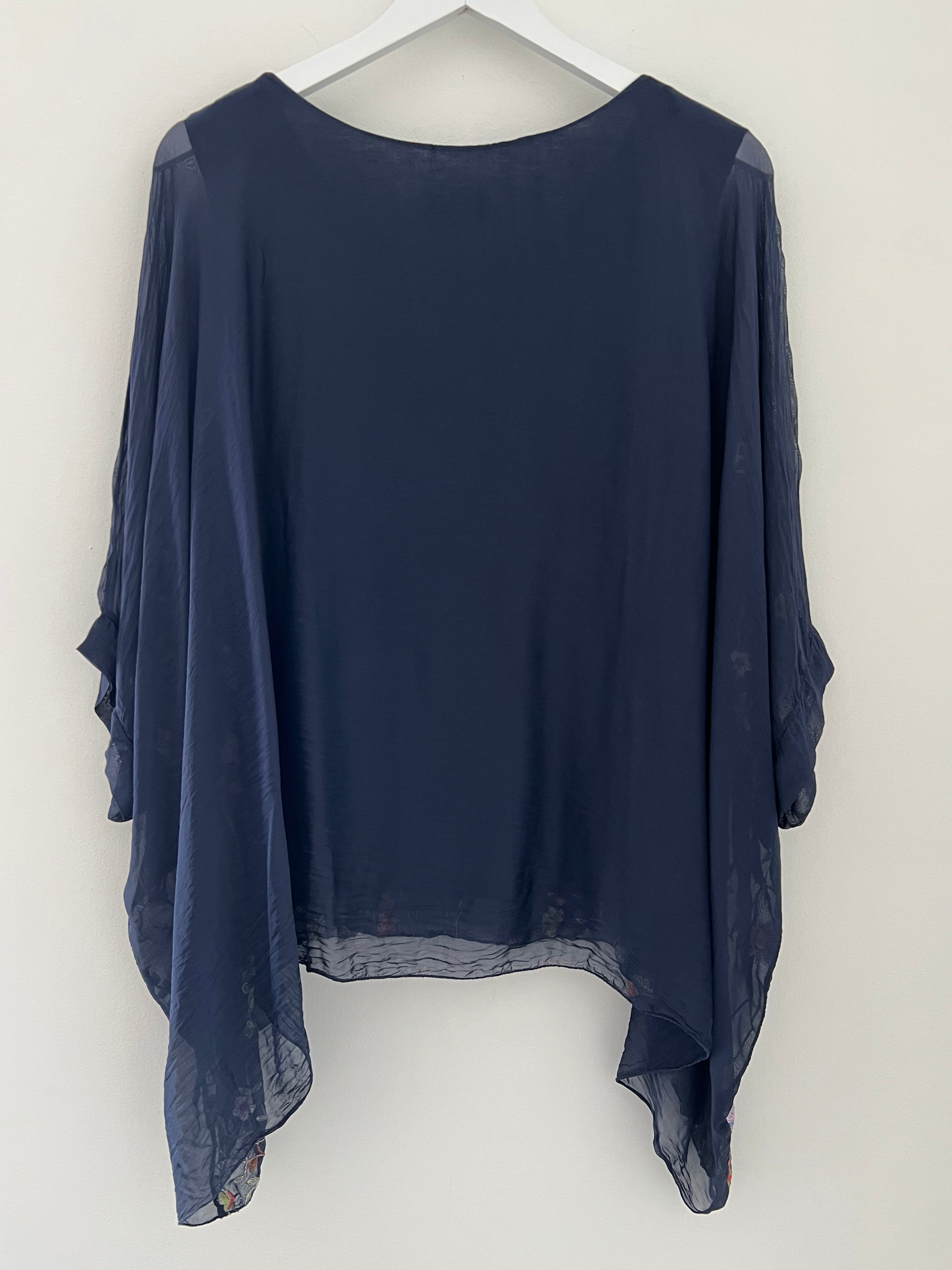 Silk Embroidered Top in Dark Blue