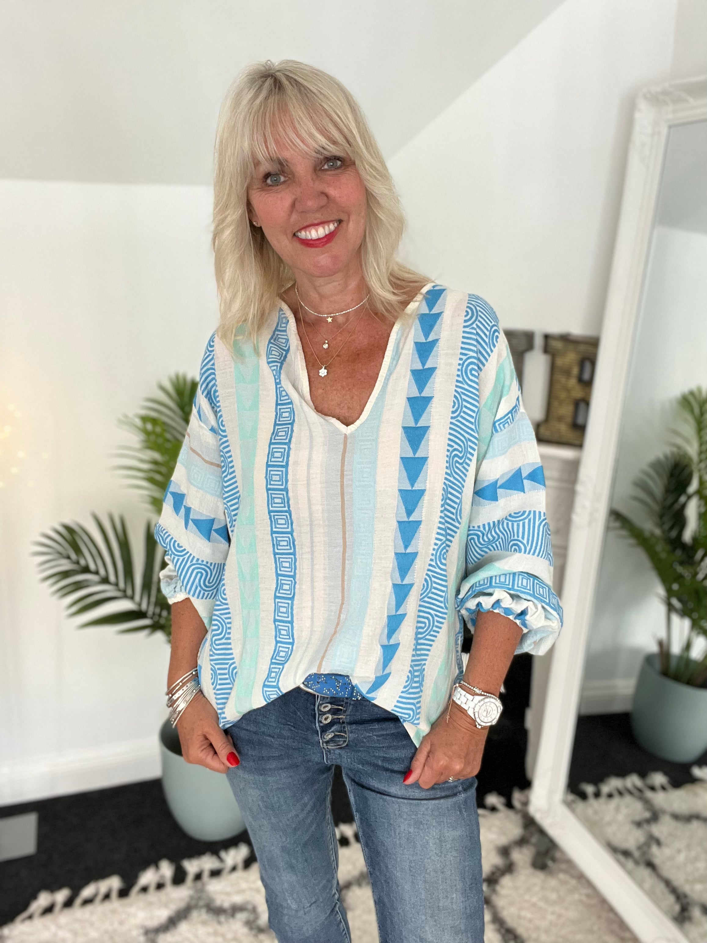Embroidered Blouse in Blue & Mint
