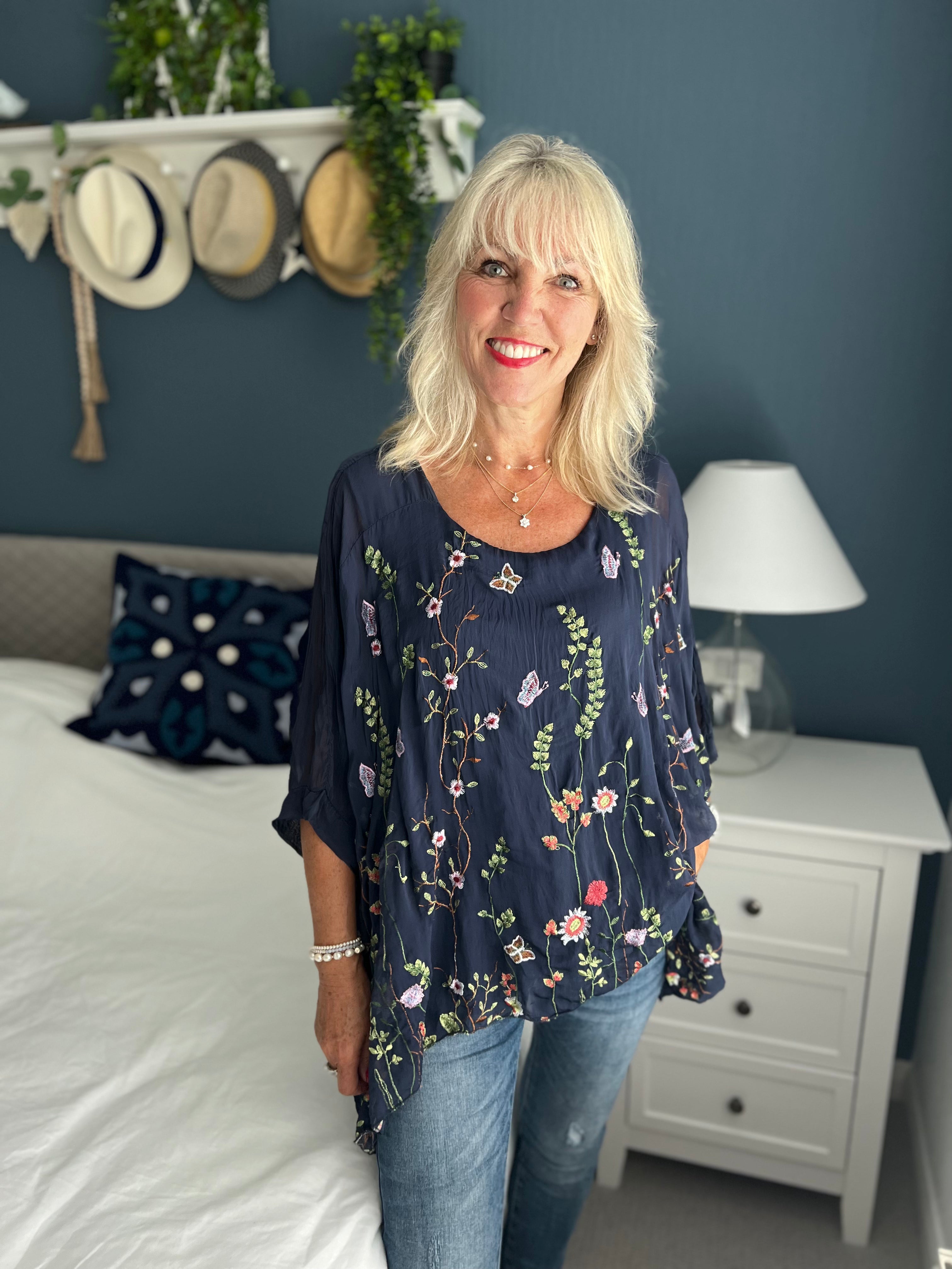 Silk Embroidered Top in Dark Blue