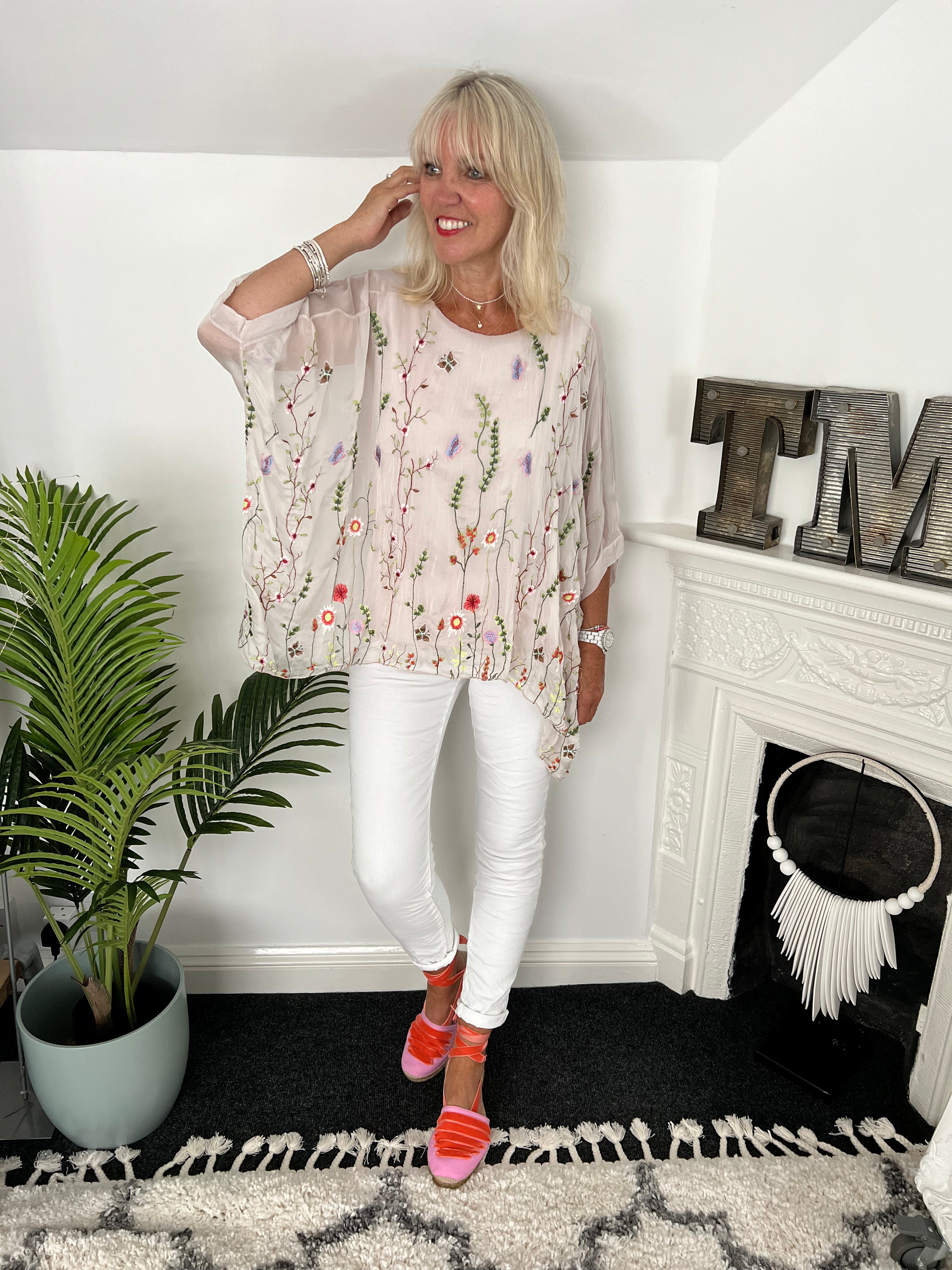 Silk Embroidered Top in Pink
