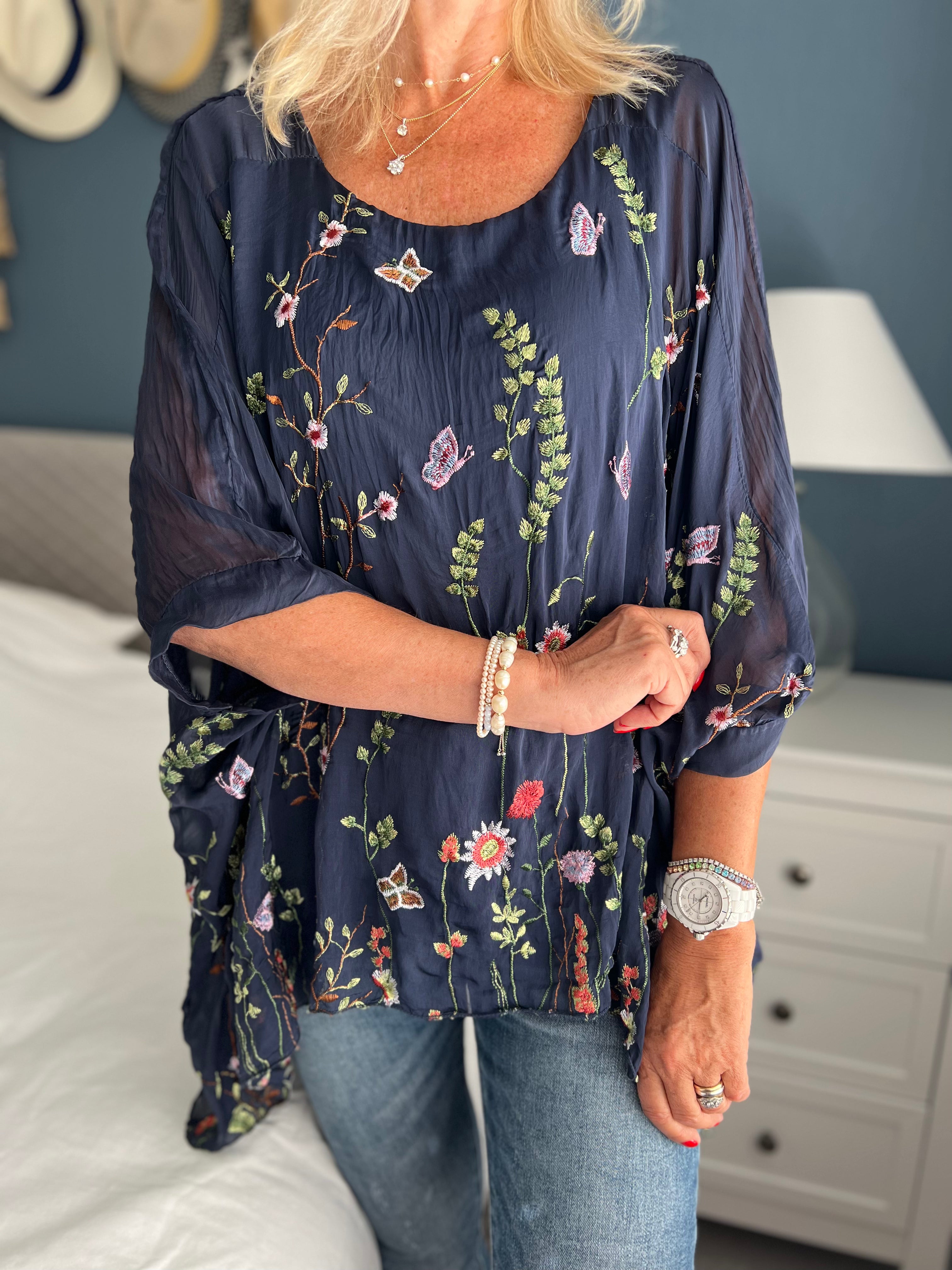 Silk Embroidered Top in Dark Blue