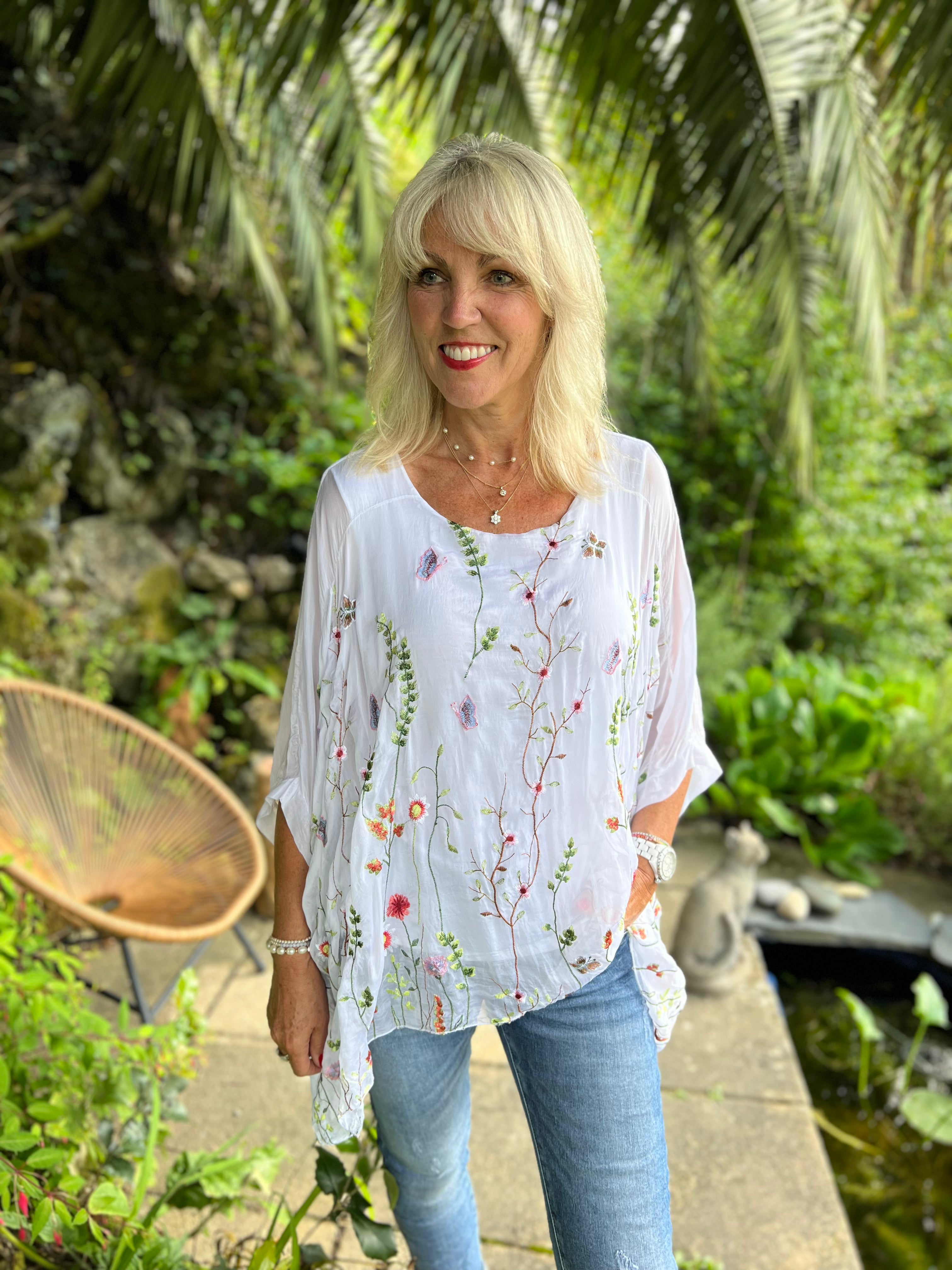 Silk Embroidered Top in White