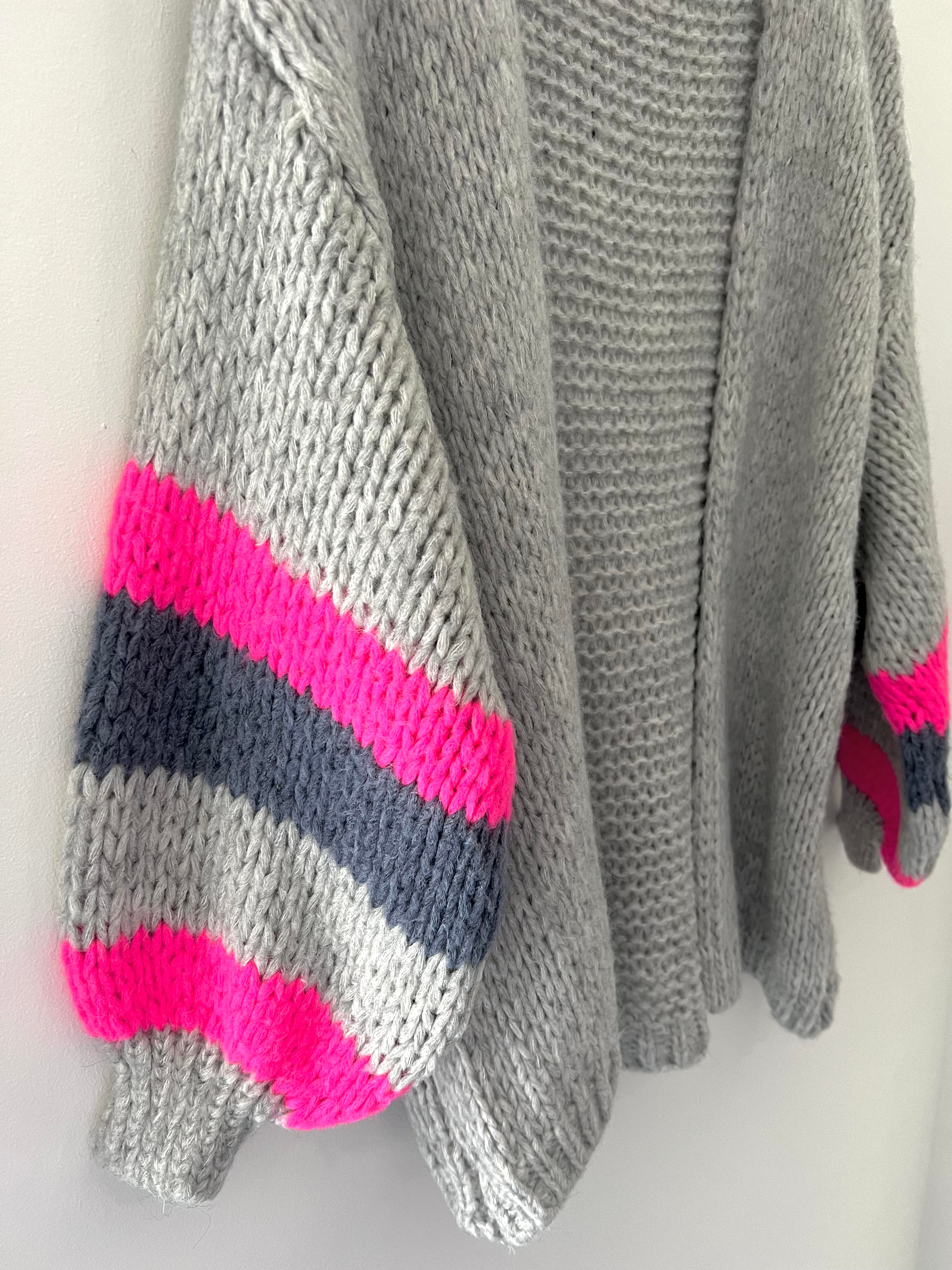 Luxe Cardi with Stripe Sleeves in Soft Grey