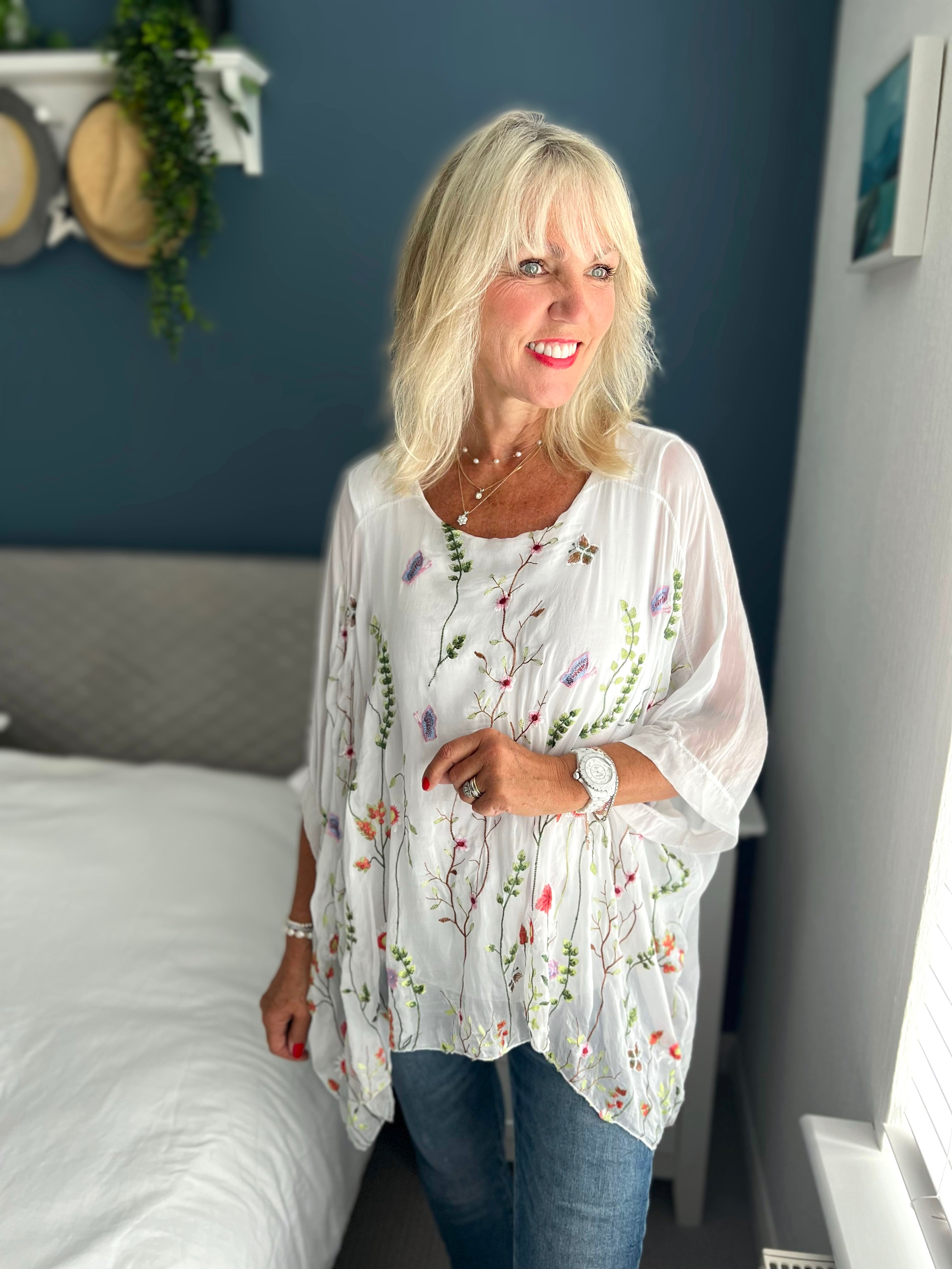 Silk Embroidered Top in White