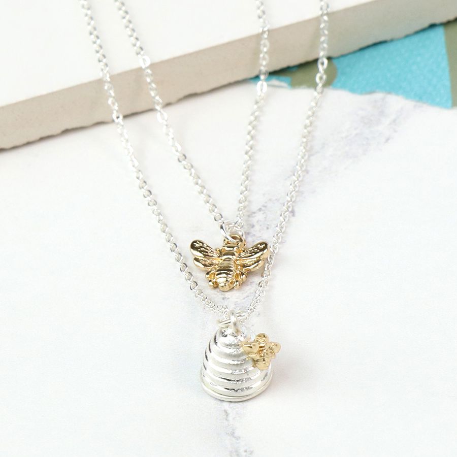 Silver Necklace with Bee and Beehive