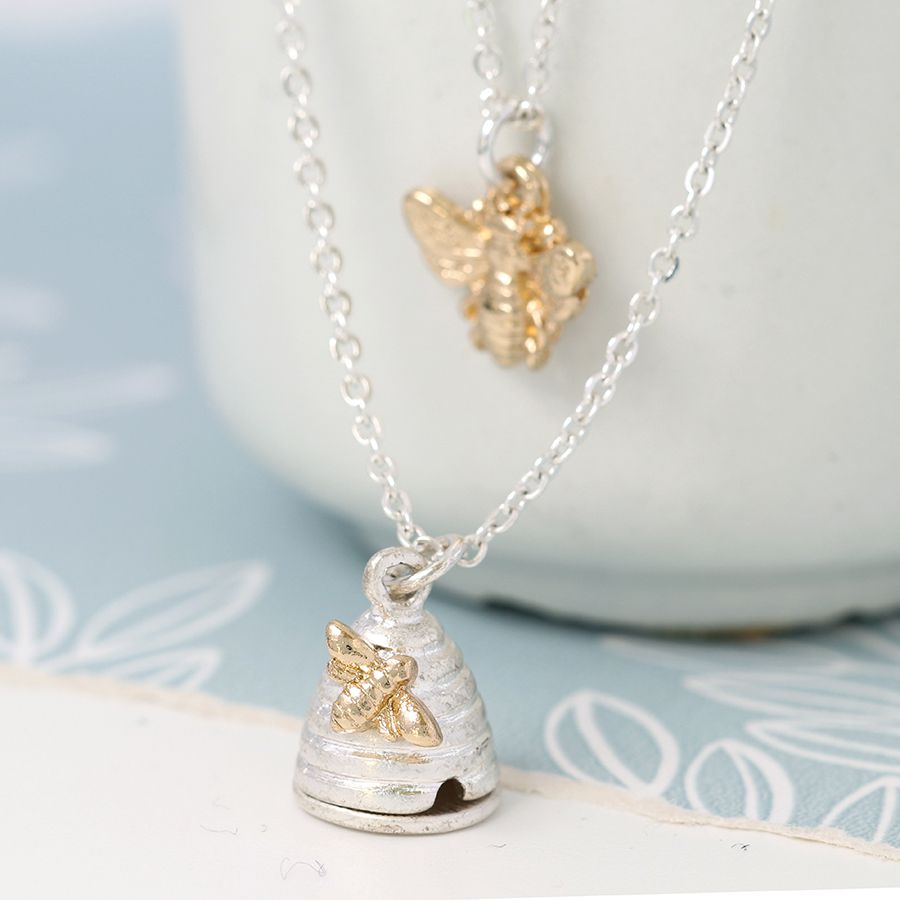 Silver Necklace with Bee and Beehive