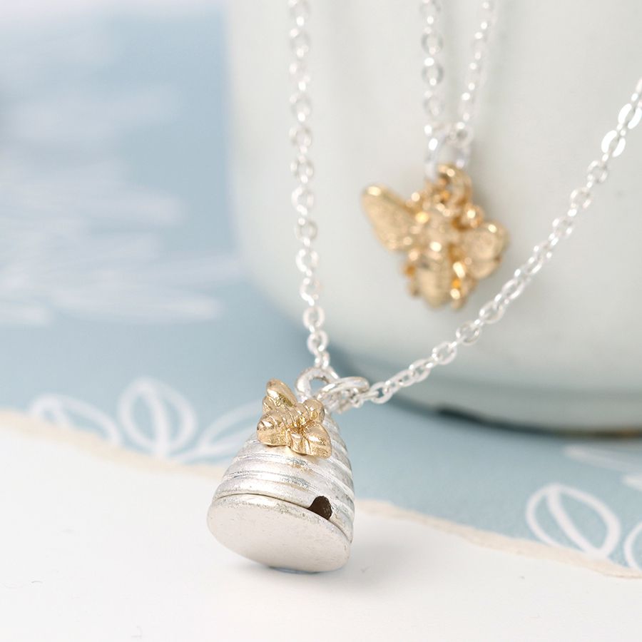 Silver Necklace with Bee and Beehive