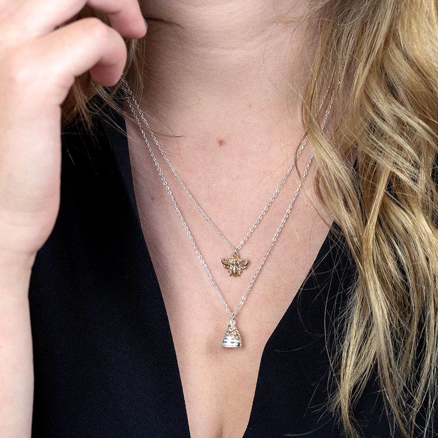 Silver Necklace with Bee and Beehive