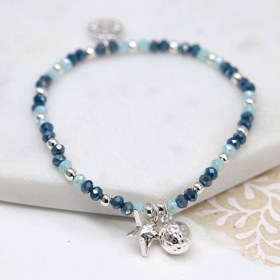 Blue Bead & Silver Bracelet with Star and Ball
