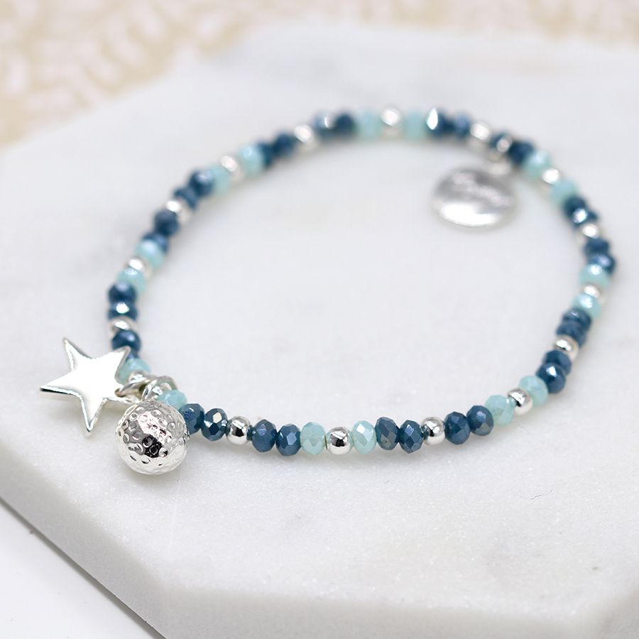 Blue Bead & Silver Bracelet with Star and Ball