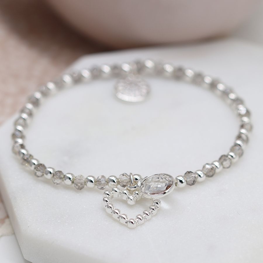 Silver & Grey Bracelet with Crystal and Heart Charms